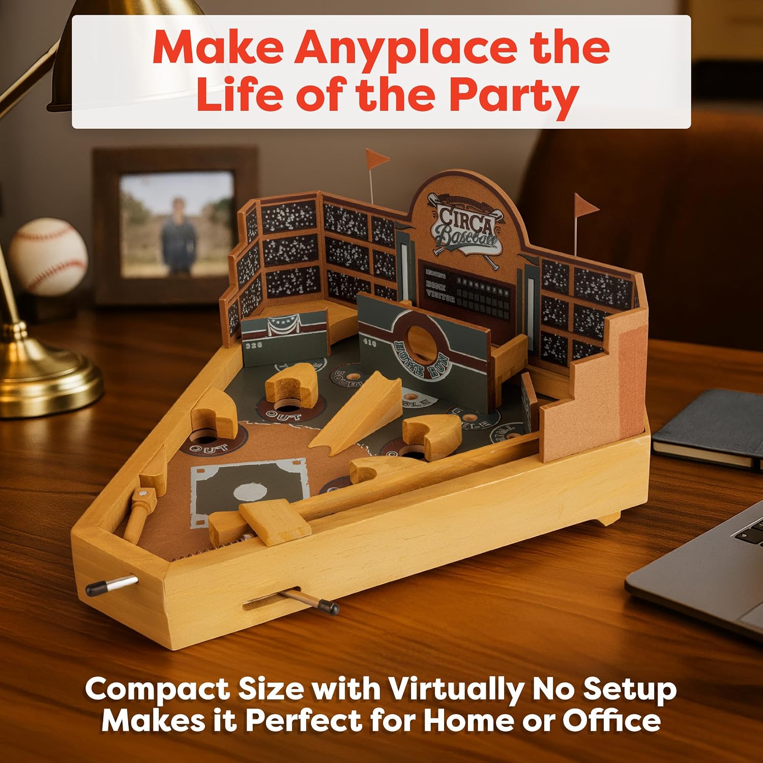 HEY! PLAY! 12-HY2070 Baseball Pinball Tabletop Skill Game - Classic Miniature Wooden Retro Sports Arcade Desktop Toy for Adult Collectors and Children