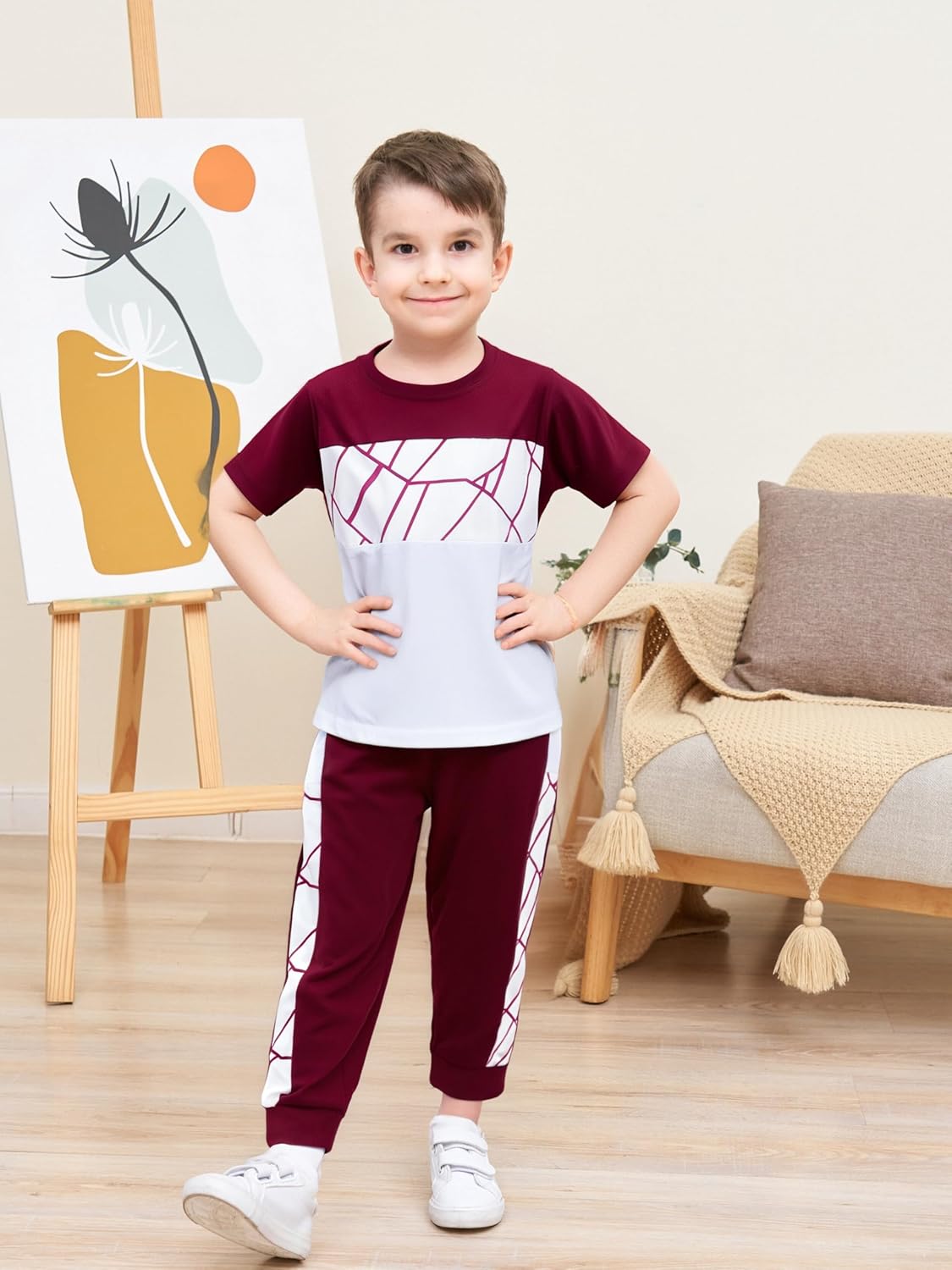 Kid Boy Clothes Geometric Printed Color Blocking Top Summer Long Pants 2PC Summer Outfit Set - Image 2