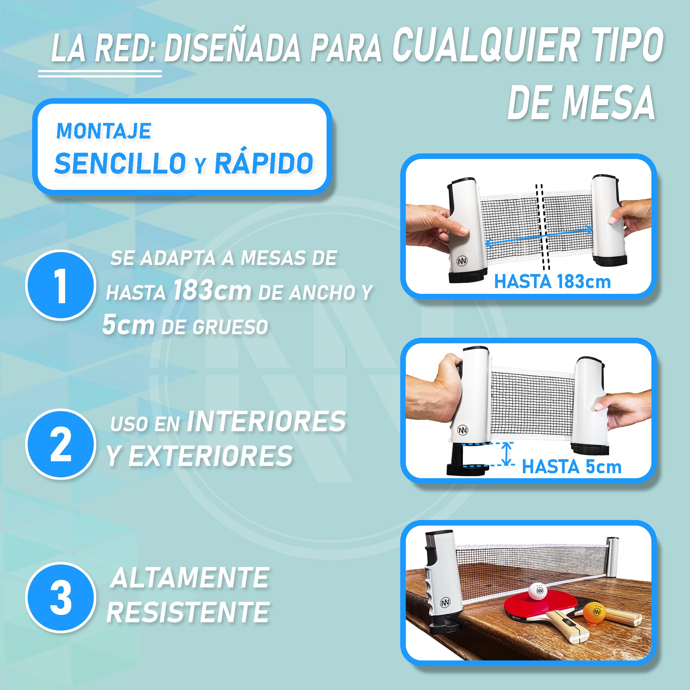 NIRBUN Set Ping Pong Con Red Extensible - Palas Profesionales - Pelotas 3 Estrellas - Red Ajustable Para Mesa - Set Portátil - 4