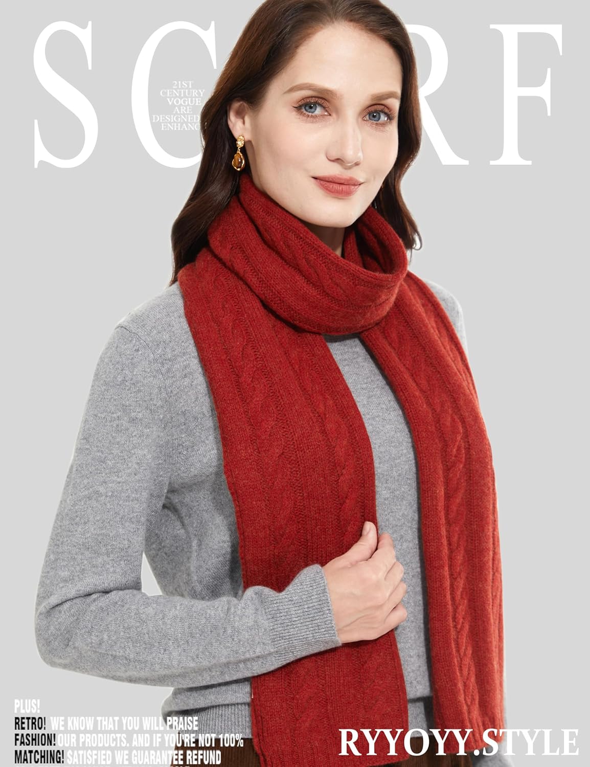 Soft Warm 100% Cashmere Scarf for Women Lightweight Luxury Cable Stitch Scarves Rust Red - Image 2