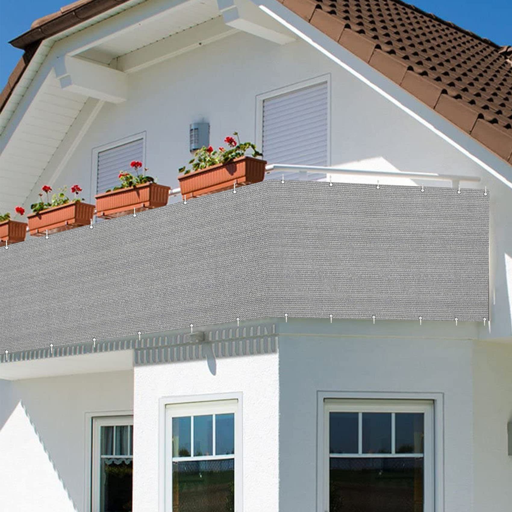 Recinzione Copertura per Balcone Giardino 120x450cm(47x177inch) Copertura per Balcone Copri Ringhiera Balcone Anti-UV Facile da Installare con Fascette e funi, Grigio