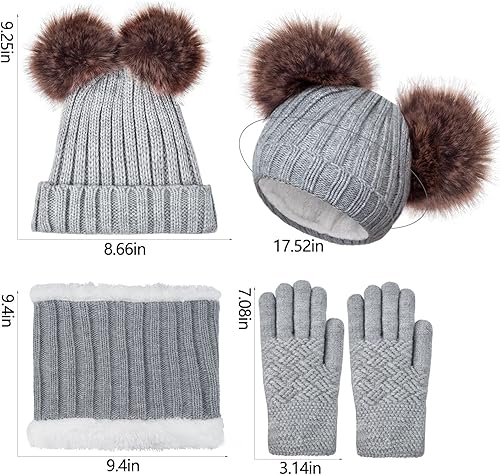 Miniatura 3 de Juego de 3 piezas de gorro de punto de invierno para niños, bufanda y guantes, forro polar grueso y cálido para niñas de 1 a 10 años