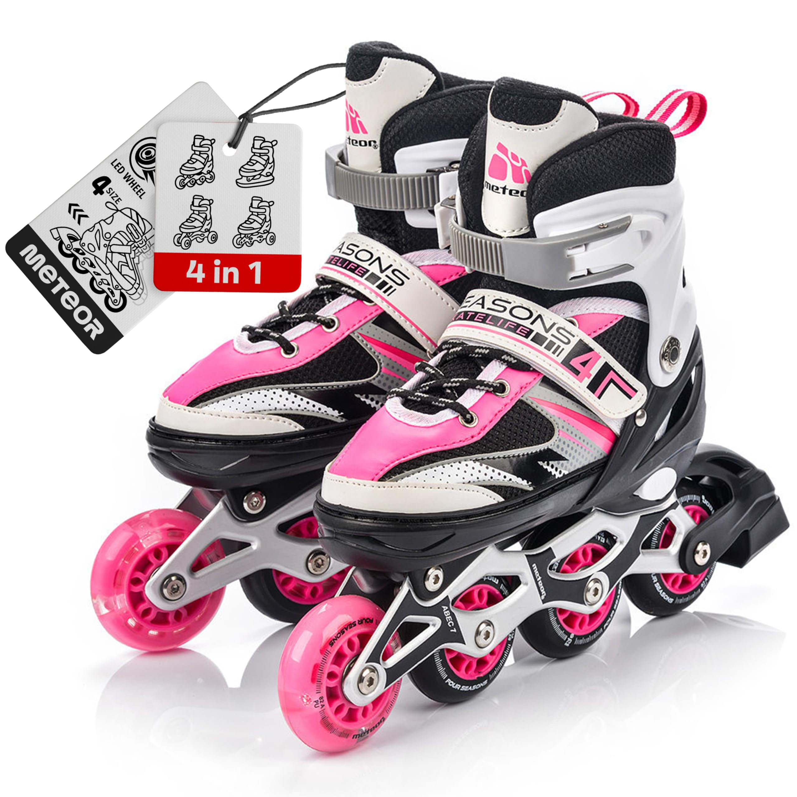 Rolki dla Dzieci Łyżwy Wrotki Łyżworolki Rollerblade 4 w 1 Fitness Młodzieżowe Damskie Męskie meskie Regulowane Czarne i różne kolory dla Dorosłych Scate Koła Led Meteor