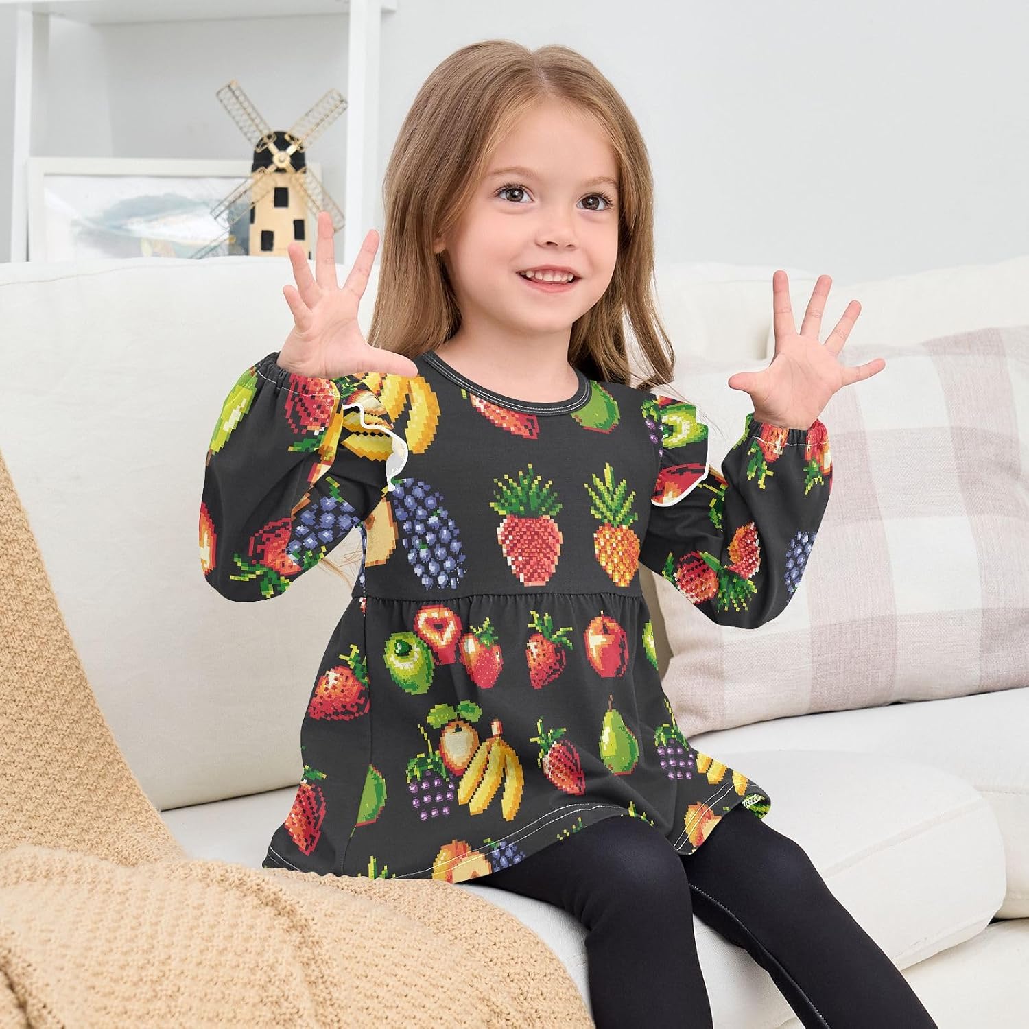 visesunny Toddler Clothes for Girls Pixel Fruit Pattern Long Sleeve Fall Shirts Cotton Top with Ruffle Collar
