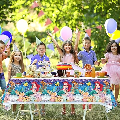 Miniatura 3 de Mantel de La Sirenita, 2 manteles rectangulares de plástico, 70 x 42 pulgadas, suministros para decoración de fiesta de cumpleaños impermeables