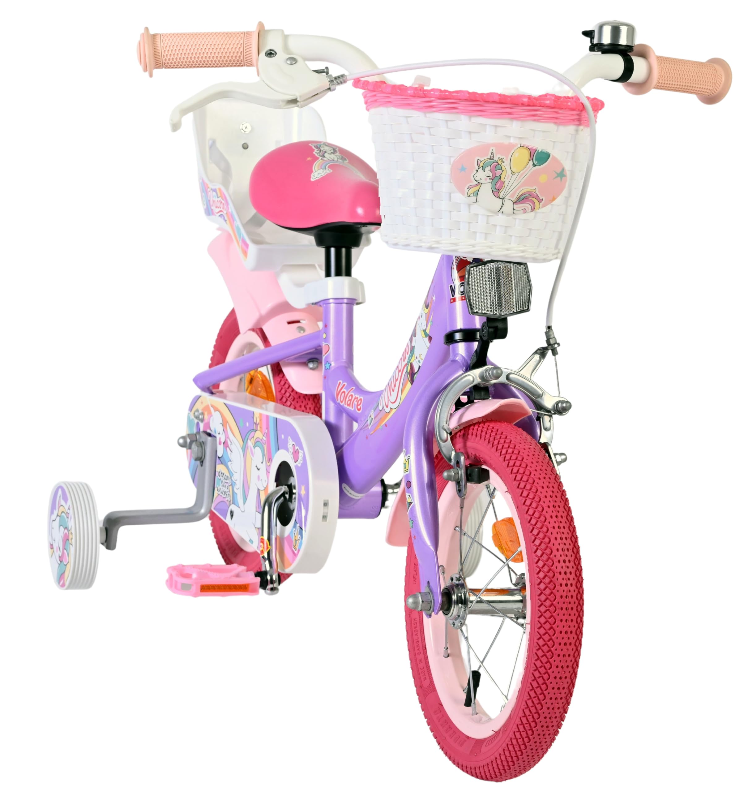 Volare Kinderfahrrad lila mit Einhorn-Sitz & rosa Felgen | Rücktritt & Handbremse | Stützräder | 3–5 Jahre | Robuste Reifen | Leicht montierbar | Geschenkidee