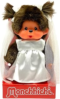Sekiguchi 244058 - Original Monchhichi Mädchen, Plüschtier mit Brautkleid und Schleifen, ca. 20 cm großes Kuscheltier aus braunem Plüsch, Brown