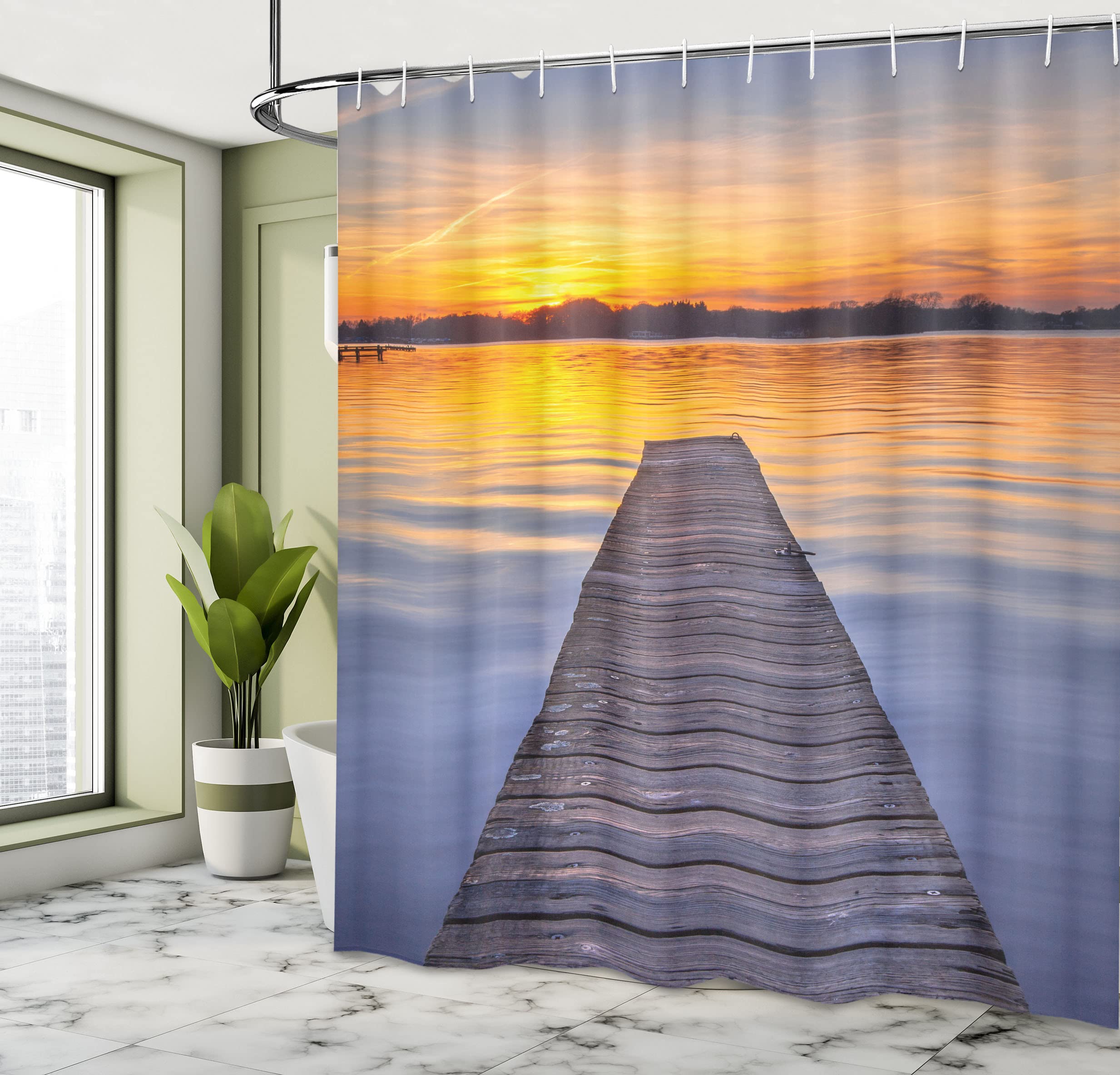 ABAKUHAUS Lake Shower Curtain, Summer Sunset over Serene Water of Lake Paterwoldsemeer with Wooden Jetty - Image 4