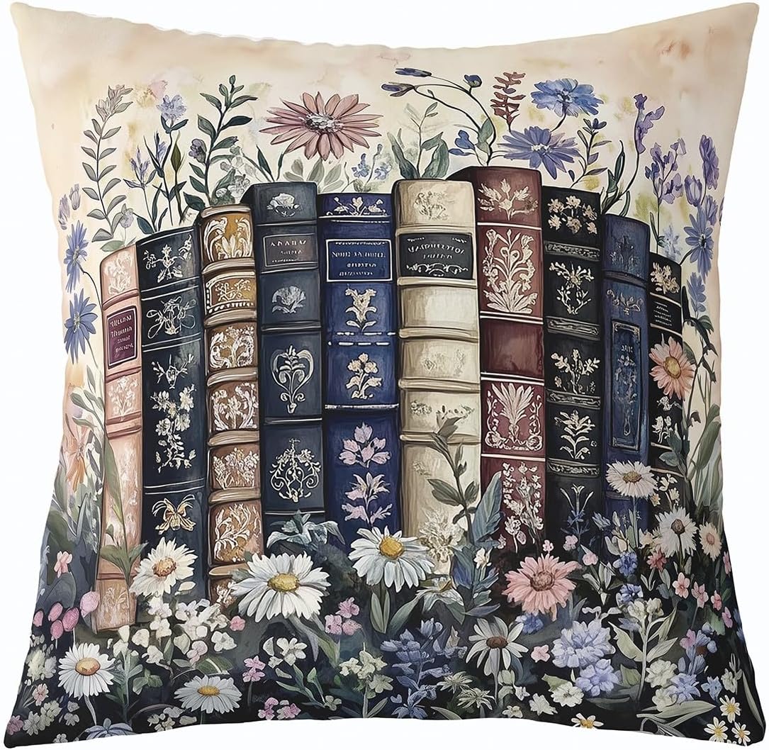 Erosebridal Vintage Book Throw Pillow Cover 24x24 Rustic Flowers Cushion Cover Literary Lover Modern Reading Cushion Case Retro Readers Library Bookshelf Decorative Pillowcase