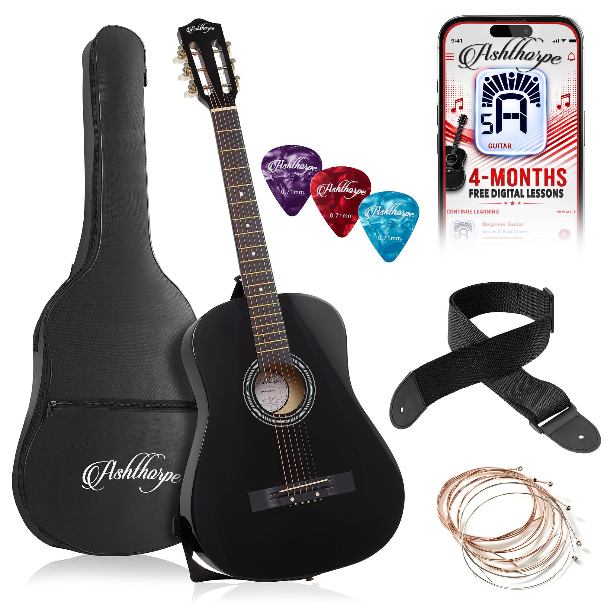 Ashthorpe 38-inch Beginner Acoustic Guitar (Black), Starter Kit with Gig Bag, Extra Strings, Strap, Picks, and Lessons
