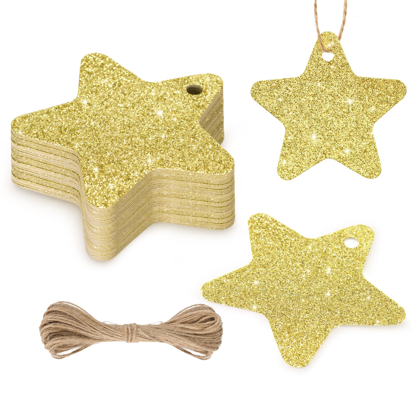 KINGLAKE 40PCS Gold Christmas Gift Tags with String, Glitter Star Tags