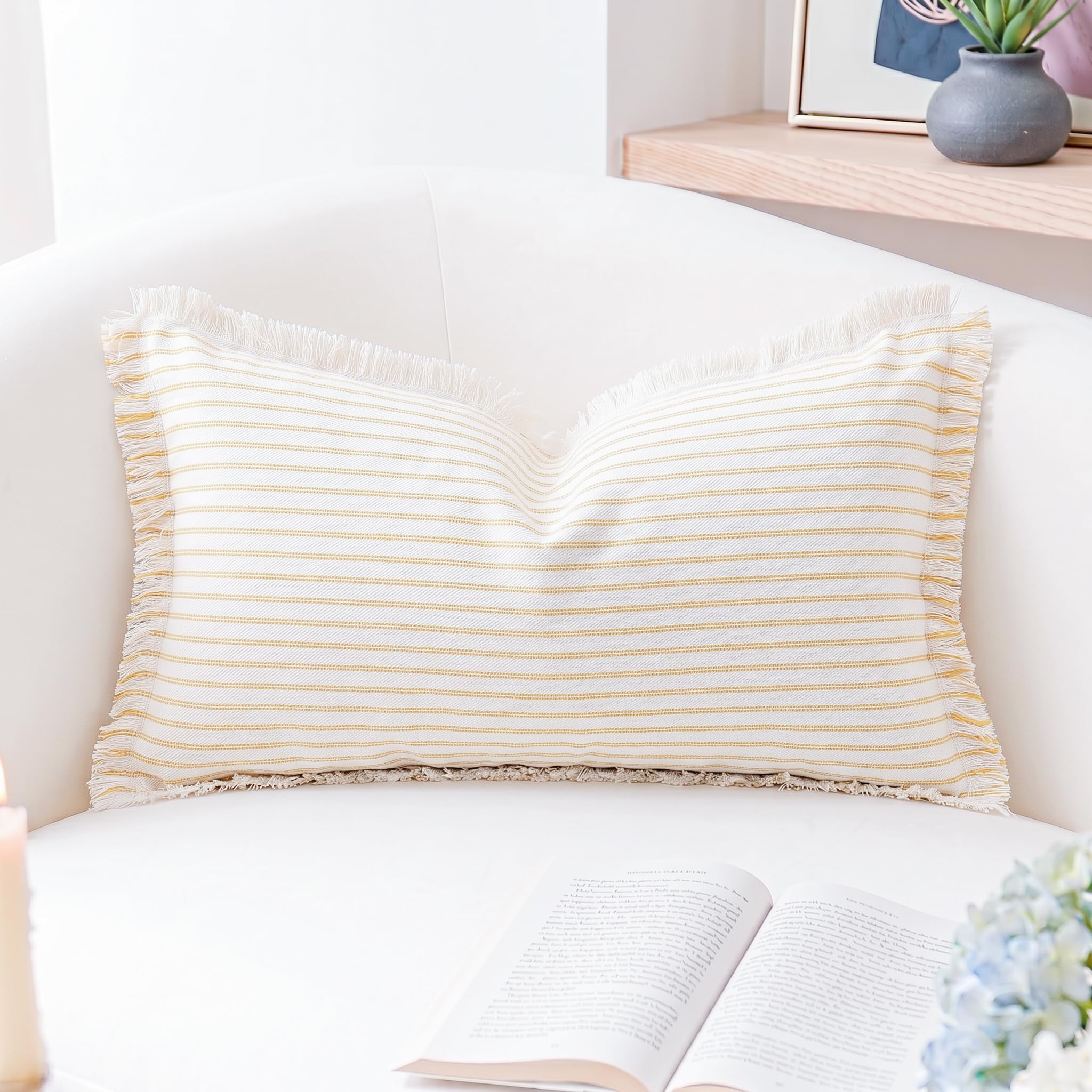 PANOD Decorative Boho Long Lumbar Pillow Cover 12x24,Super Soft Cotton Modern Long Rectangle Pillow Cover Pillow Case for Bed Sofa Couch Farmhouse Livingroom,Yellow Product Image 3
