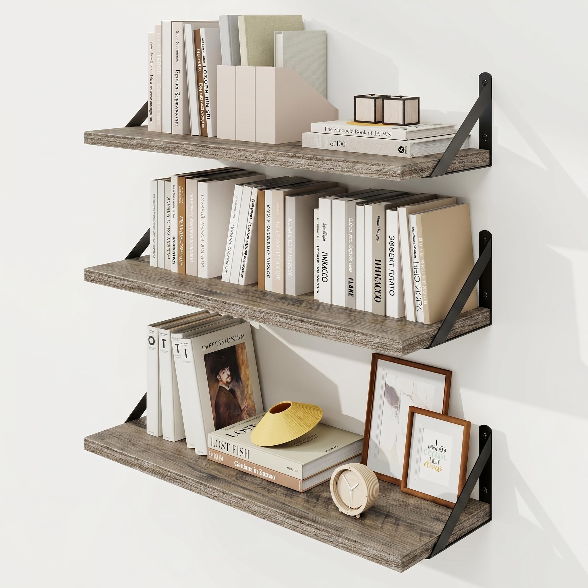 KovaScape Floating Shelves, Deep Rustic Book Shelf for Wall, 60x20 cm Wall Shelves Set of 3, Heavy Duty Metal Brackets, Wood Display Shelf for Living Room, Kitchen, Bathroom, Study, Grey