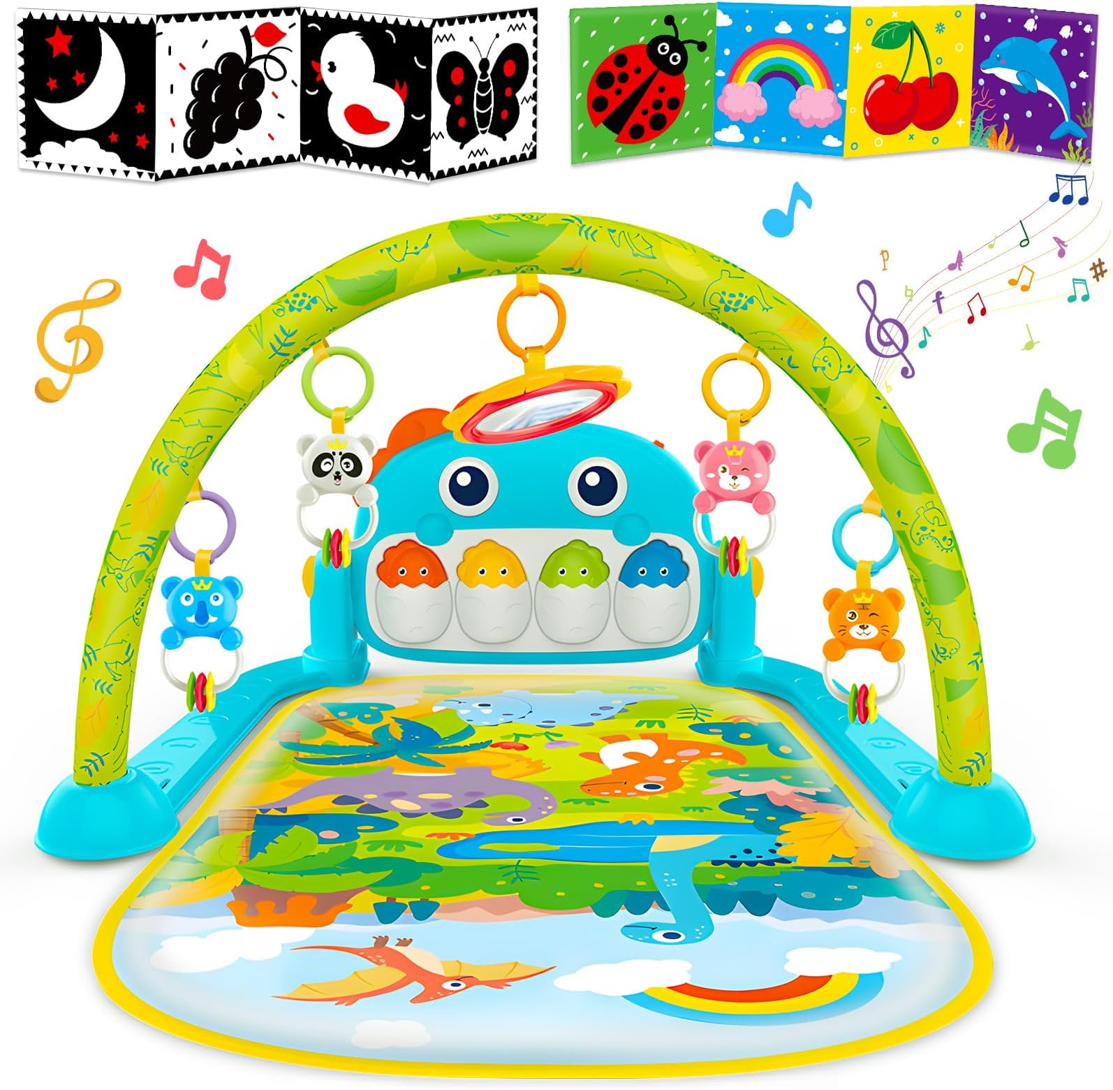 Dinosaur Baby Play Mat, Black and White High Contrast Sensory Toys 0-3 0-6 Months, Kick Piano, Rattles, Baby Activity Center, Tummy Time, Montessori Toys for Boys & Girls