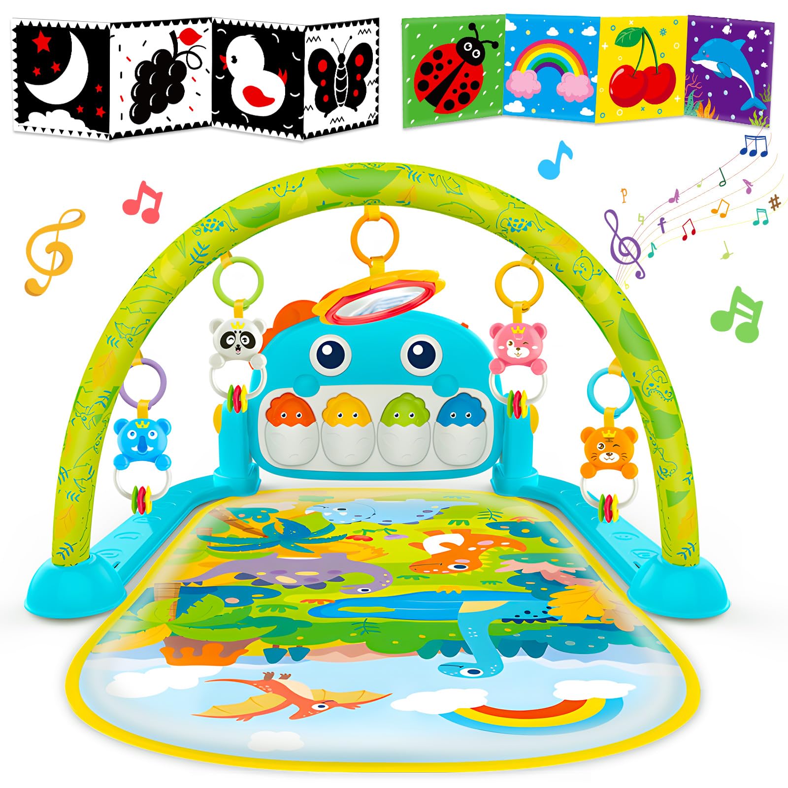 Lypsochaat Dinosaur Baby Play Mat, Black and White High Contrast Sensory Toys 0-3 0-6 Months, Kick Piano, Rattles, Baby Activity Center, Tummy Time, Montessori Toys for Boys & Girls