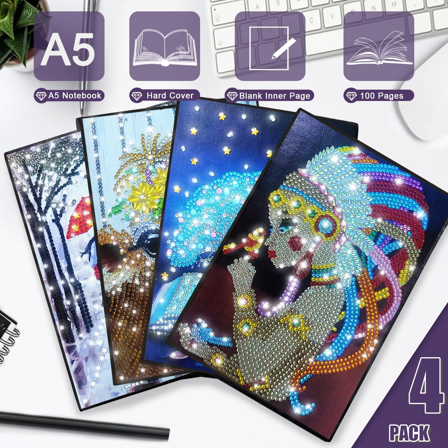 Josongslax Diamond Art Kits for Teens, 4 Pack 5D Gem Dots Art Journals Painting A5 Notebooks for Kids 8-12, DIY Crafts Kit for Adult Women,Birthday Christmas Gifts for Girls and Boys 9-13,13-18