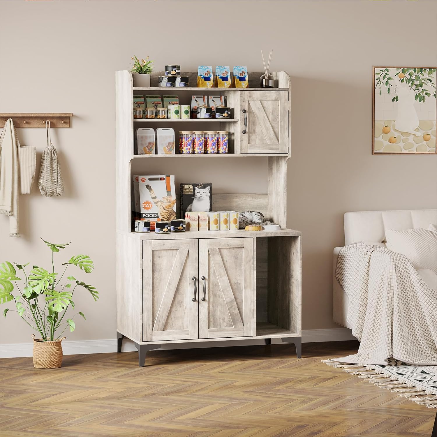 Cat Litter Box Enclosure, Hidden Cat Box with with Storage Shelves and Doors, Wooden Pet House Furniture with Scratch Pad, Indoor Cats Washroom Bookshelf Cabinet - Walnut