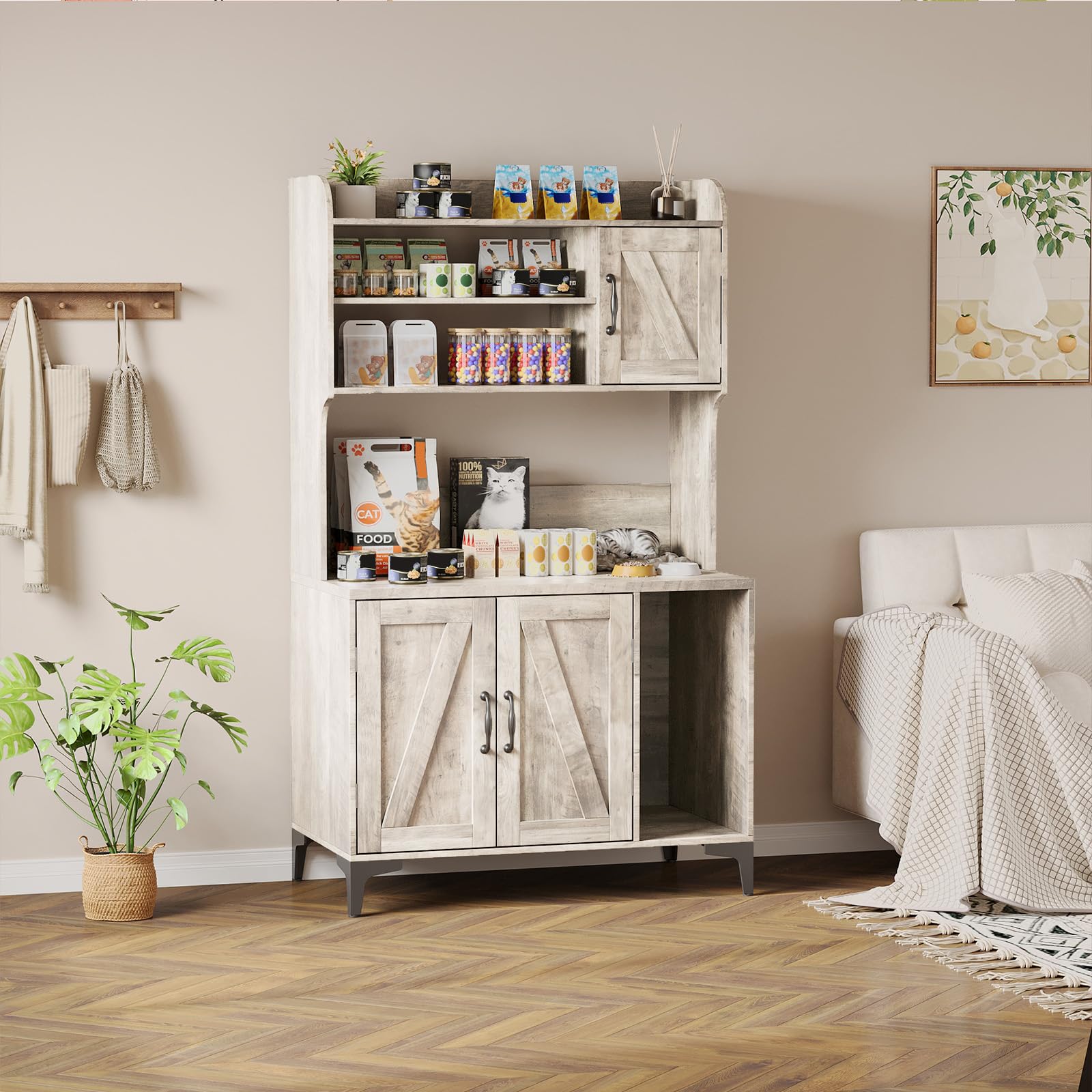 GarveeLife Katzentoiletten-Schrank mit 3 Türen, Mehrzweck-Storage-Schrank für Katzenzubehör, aus Spanplatte/MDF, grau/weiß – platzsparend & stabil