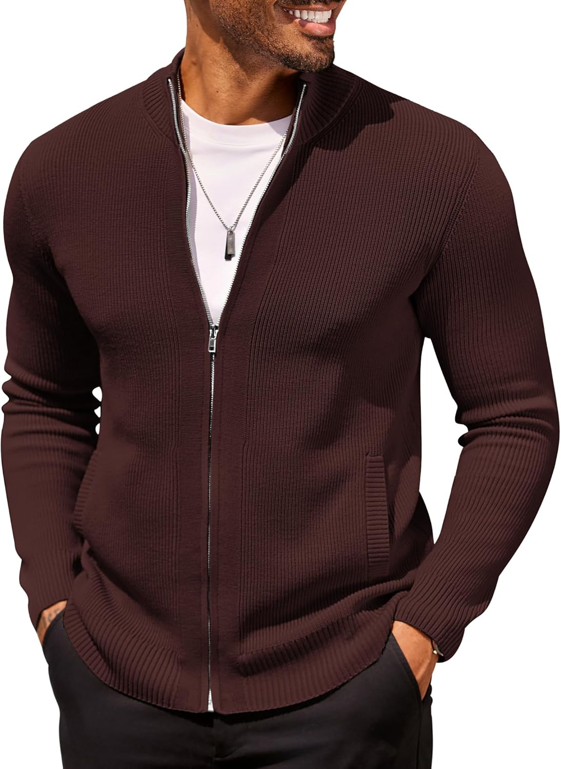 COOFANDY Mens Zip Up Cardigan Sweater Slim Fit Casual Full Zip Sweaters Knit Stand Collar Cardigans with 2 Front Pockets