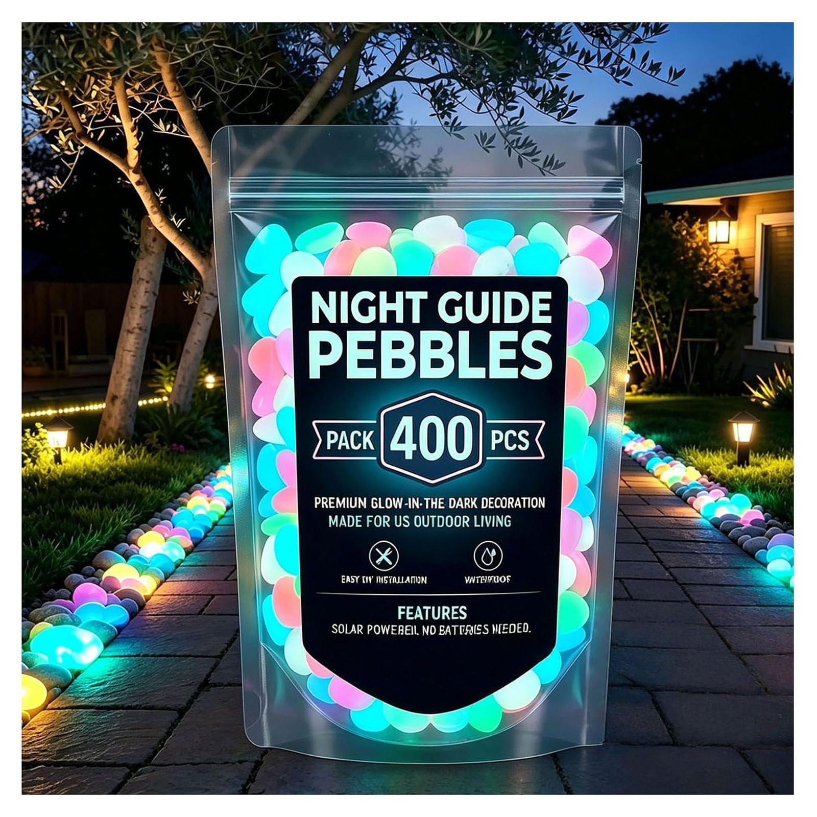 Glow in the Dark Pebbles Outdoor Luminous Glow Stones for Garden Pathways, Glowing Rocks for Yard, Aquarium, Planter & DIY Decor (Colorful,400pcs)
