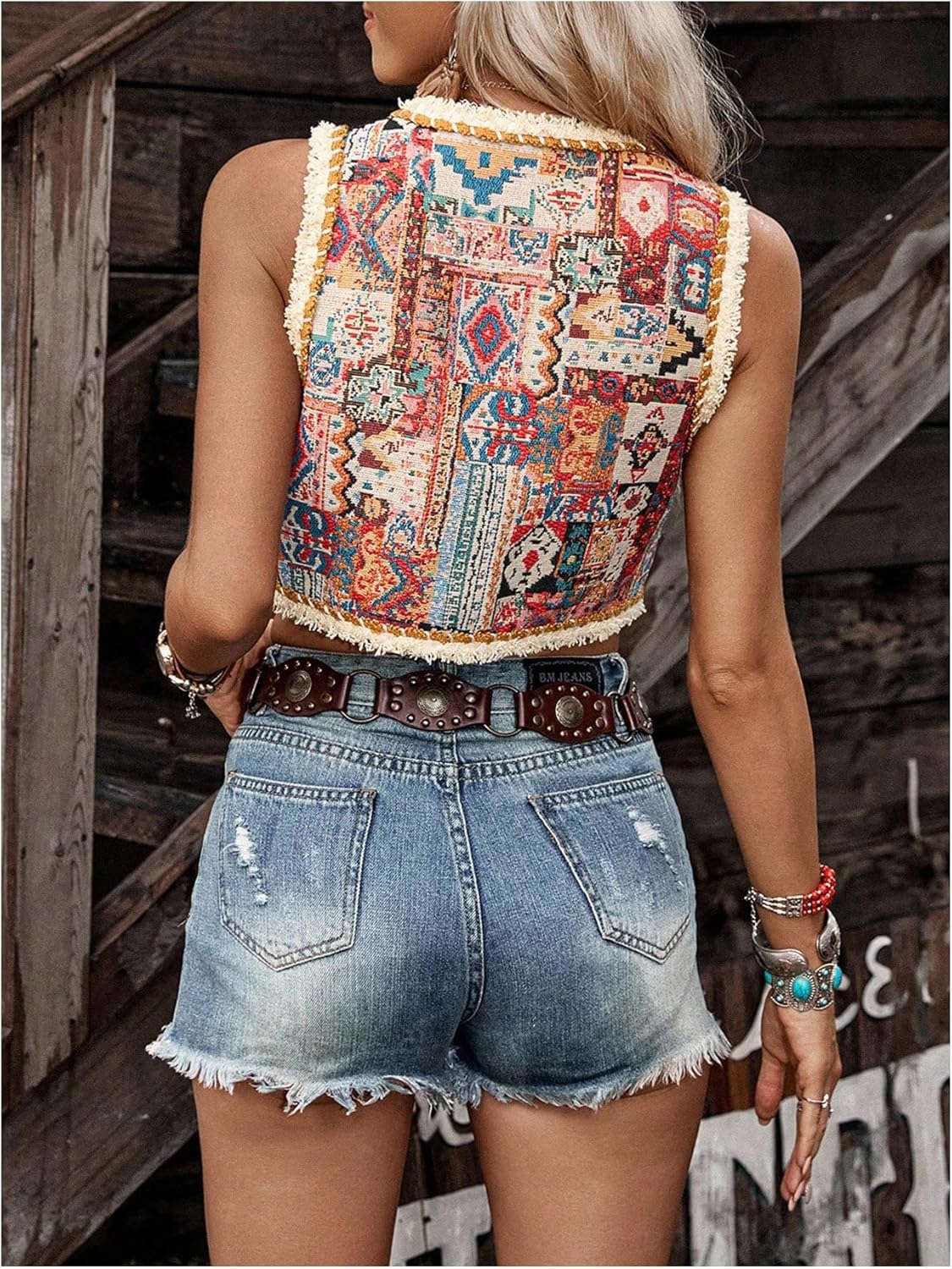 GORGLITTER Women's Western Vest Boho Embroidered Tank Tops Vintage Raw Hem Cropped Cardigan Cowgirls Redeo Outfits Multicolor Small - Image 2