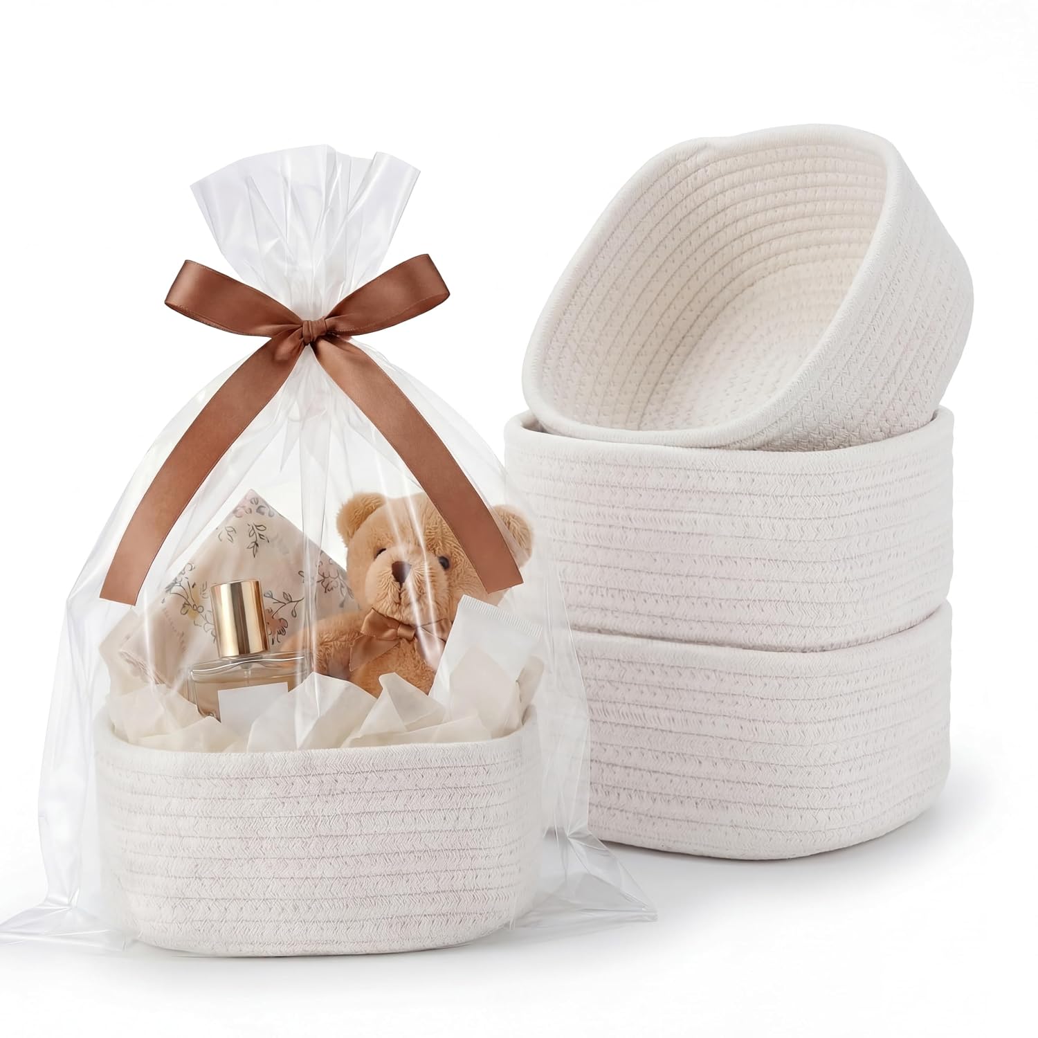 3 Pack Small Woven Baskets with Gift Bags, Ribbons, Wrap Tissue Papers – Empty Gift Baskets to Fill for Valentines, Baby Shower, Easter, Christmas Day, Decorative Storage Cubes for Toys