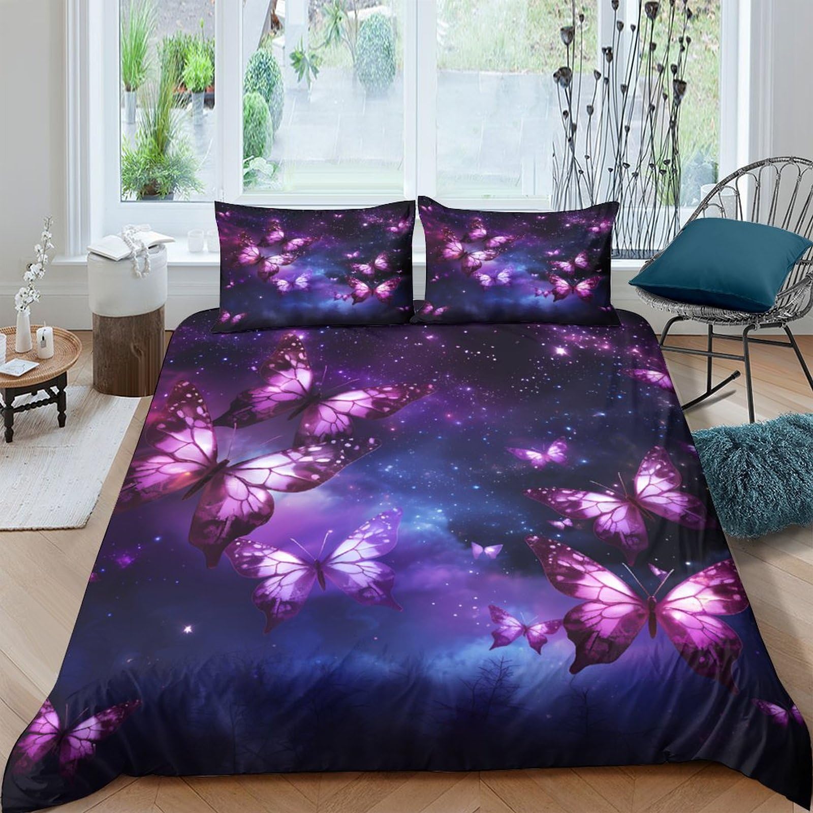 Ctjqhvkz Style-6 3D Printed Purple Butterfly Fitted Sheet Microfiber Soft Breathable Cosmic Night Mattress Cover For Bedroom Dorm Decor Single（135X200cm）