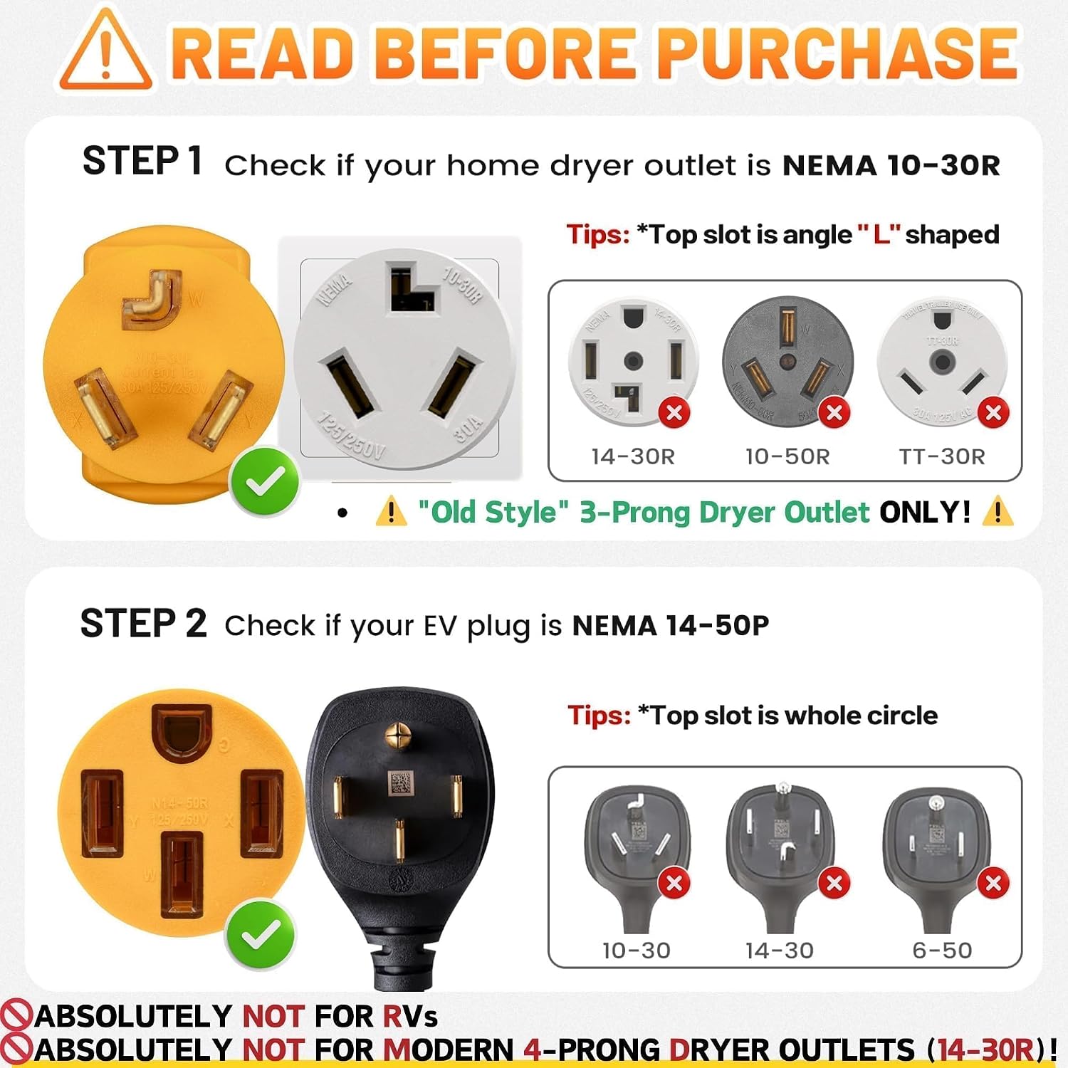 MECMO NEMA 10-30P to 14-50R Temporary EV Adapter, 24Amp Charger Plug for Tesla Model 3 Y S X, 3-Prong Old Dryer Socket to EV Charging Use Only, Non-grounding Plug Not for Any RV/Dryer