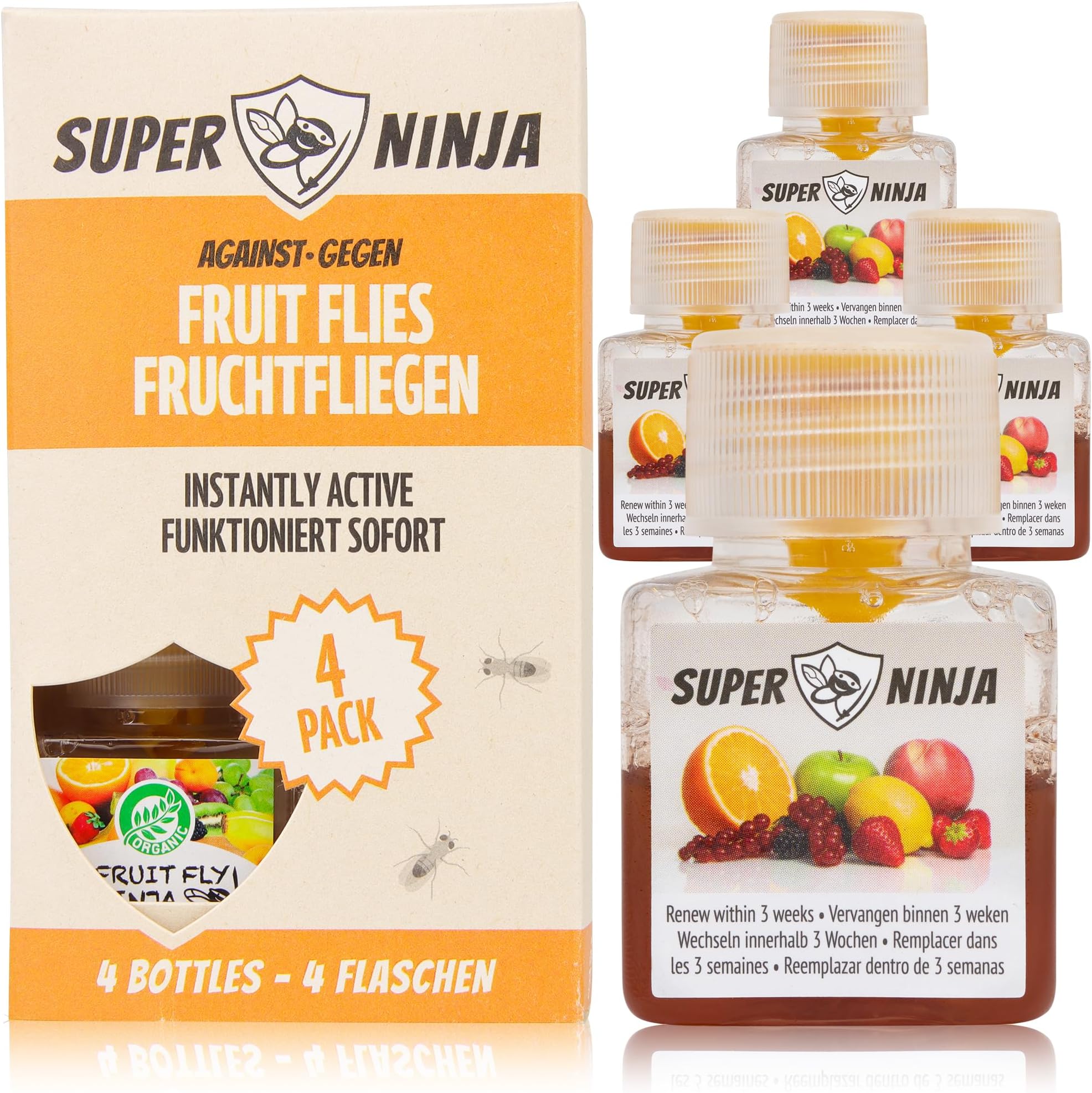 Super Ninja Fruit Fly Traps for Indoors - 4 Traps - Highly Effective Ecological Fruit Fly Trap - Environmentally Responsible Fruit Fly Killer - User Friendly - Up to 3 Weeks per Trap