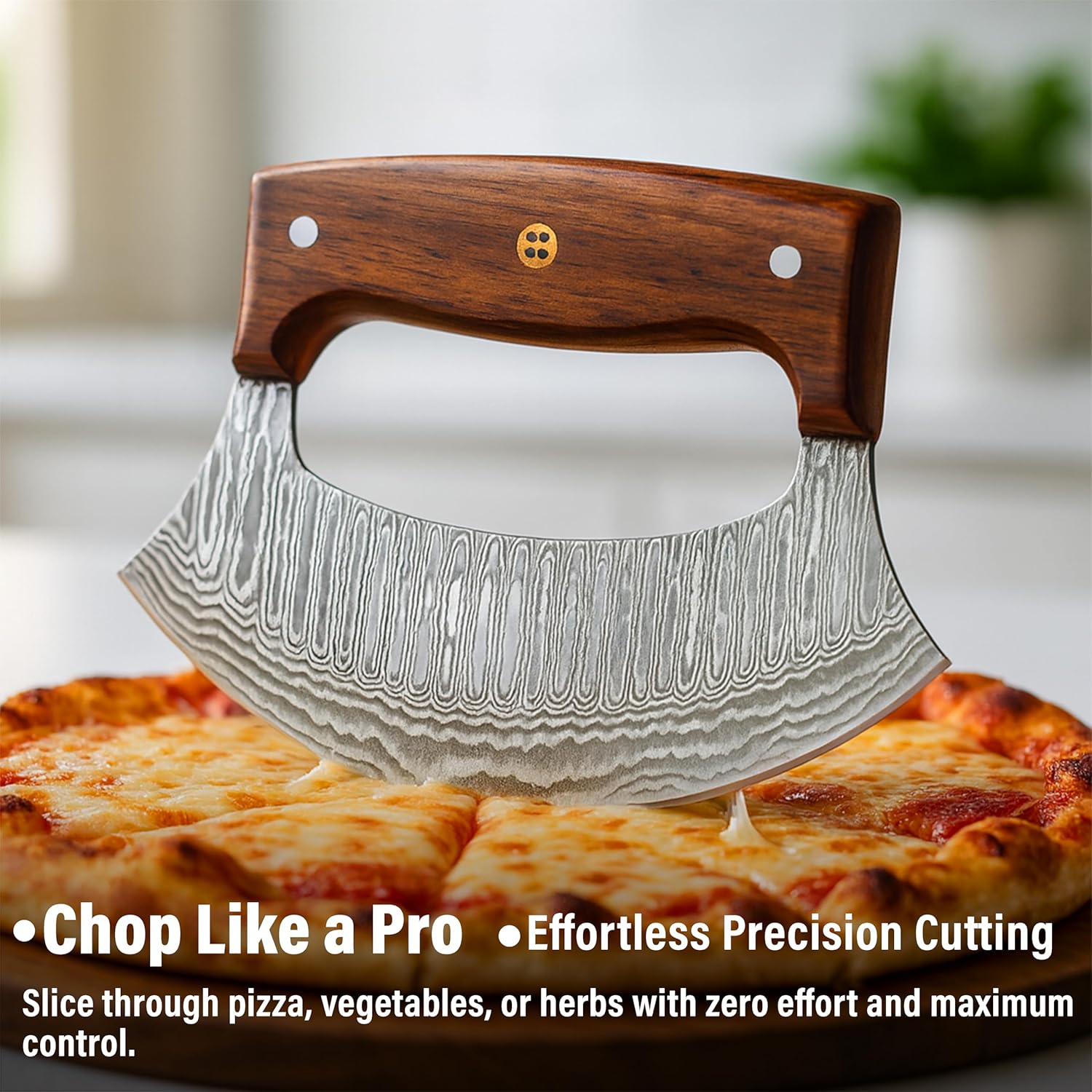 Handmade Damascus Ulu Knife – Full Tang high carbon steel Alaskan ulu with Sheath, Mezzaluna Rocker Knife & Pizza Cutter for Kitchen, Camping & BBQ, Birthday Gifts for Men