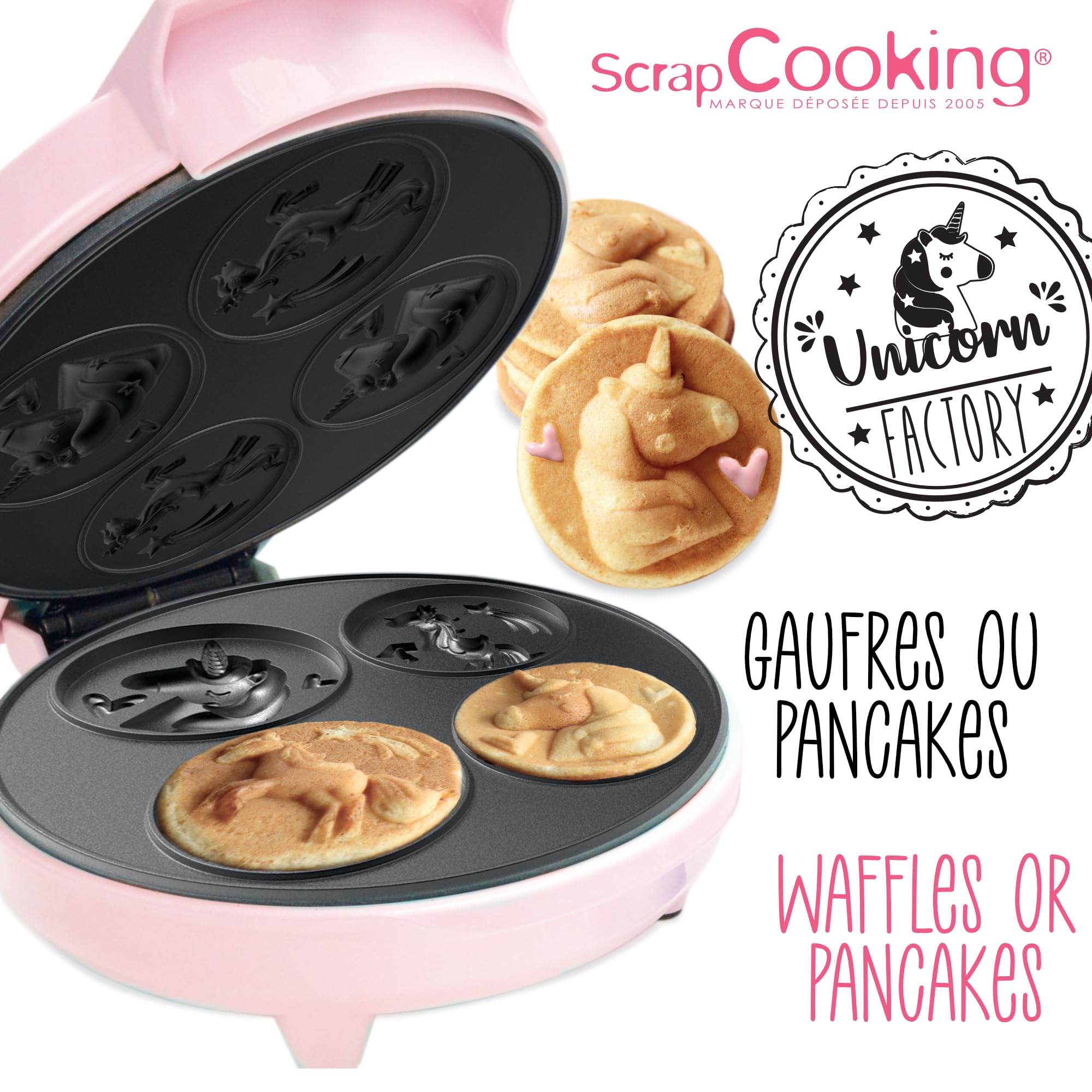 ScrapCooking - Máquina de Gofres y Pancakes Unicornio - Unicorn Waffle Factory - Placa Calefactora Antiadherente - Idea de Regalo para Repostería y Cocina - Receta Incluida - Rosa - 3886
