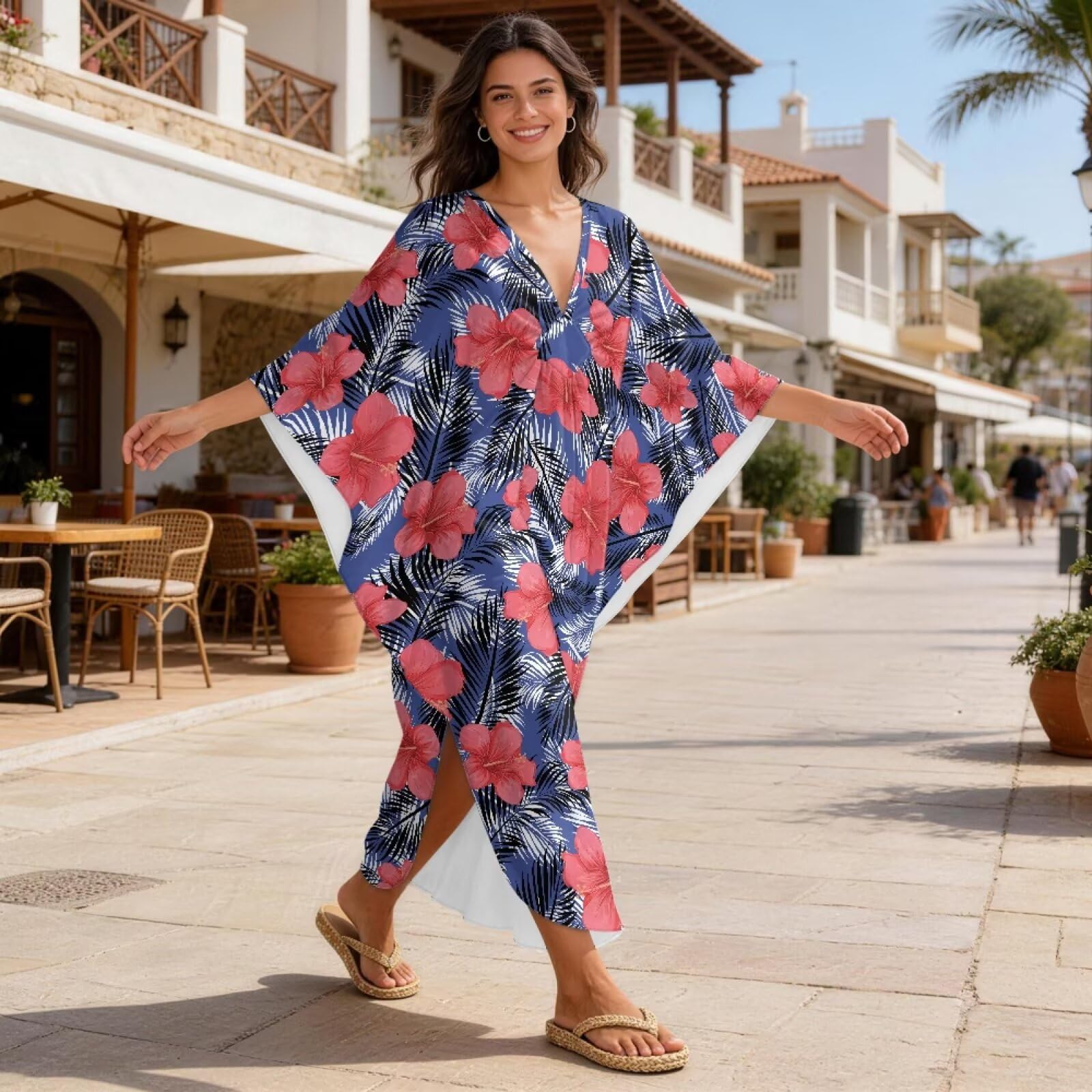 Copertura estiva da spiaggia per le donne caftano con scollo a V Maxi abito da spiaggia manica a pipistrello loungewear Plus Size Cover Up