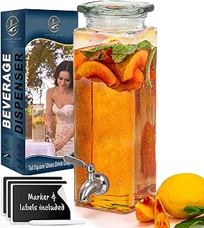 Square Glass Drink Dispenser for Parties - Stainless Steel Spigot + Marker & Label - 100% Leakproof Beverage Dispenser - L...
