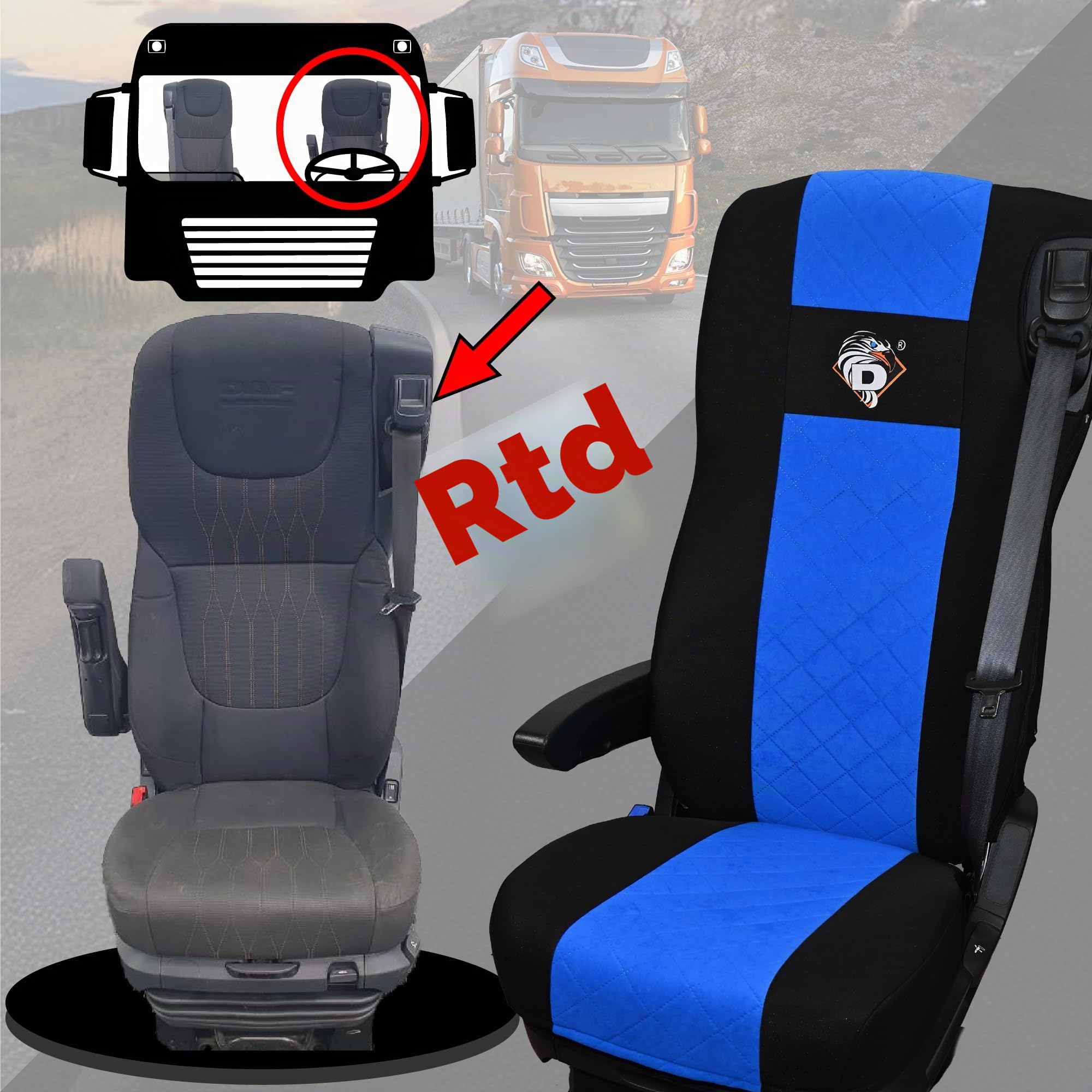 SABA Funda de Asiento para DAF 105 XF 2012, 106 XF 2013, XG, XG+ 2022, 2 Cinturones de Seguridad Azul Accesorios de protección para Asientos de Camiones