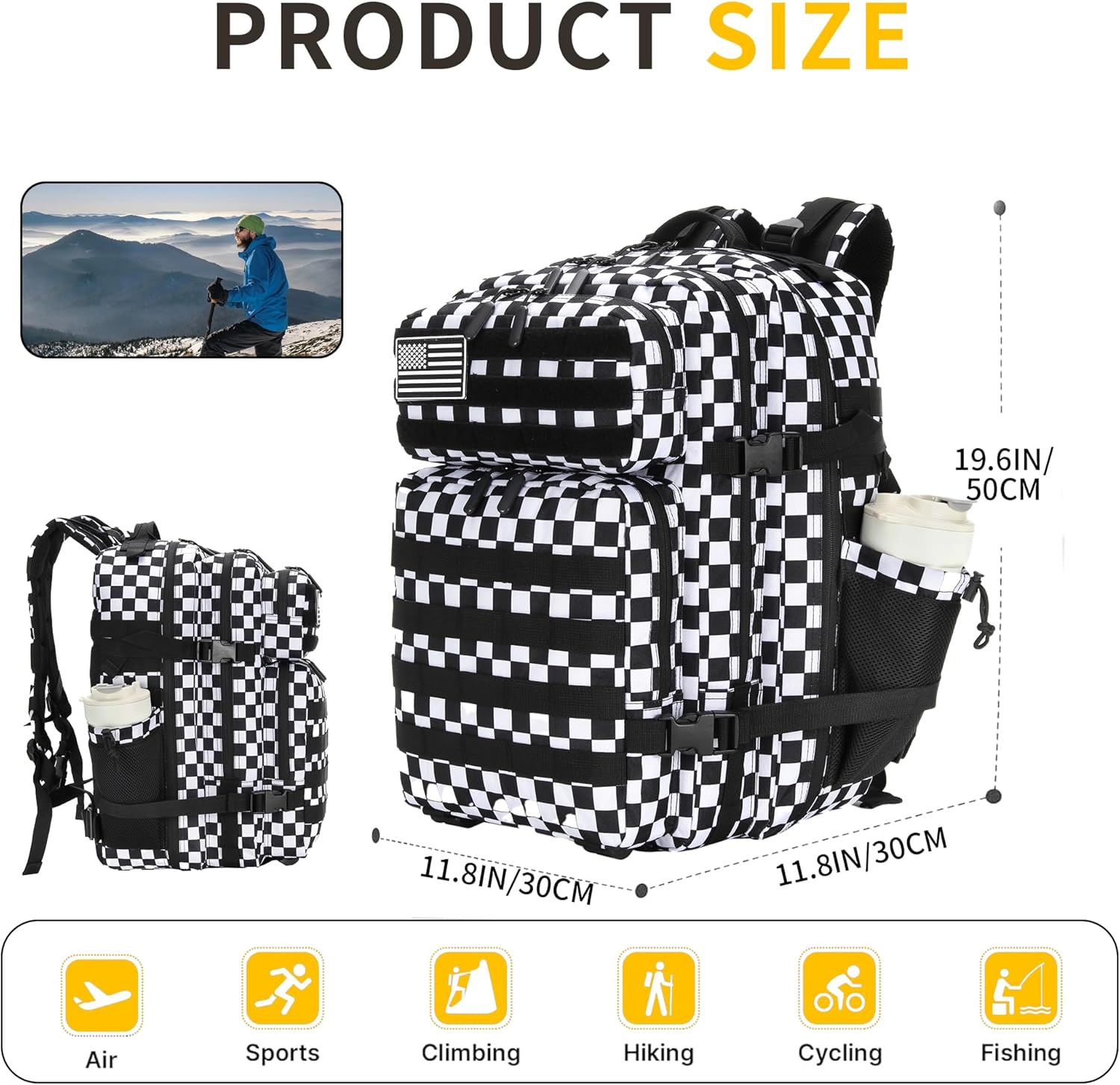 45L Tactical Assault Backpack 3 day assault pack with Molle Waterproof backpack Rucksack for Tactical Backpacks (Black and white check) - Image 5