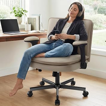 Criss Cross Office Chair with Wheels - PU Leather Wide Criss Cross Desk Chair with Flip-up Arms and Thick Cushion - Comfy Tilting Swivel Rolling Vanity Chair for Home Office Bedroom Apartment