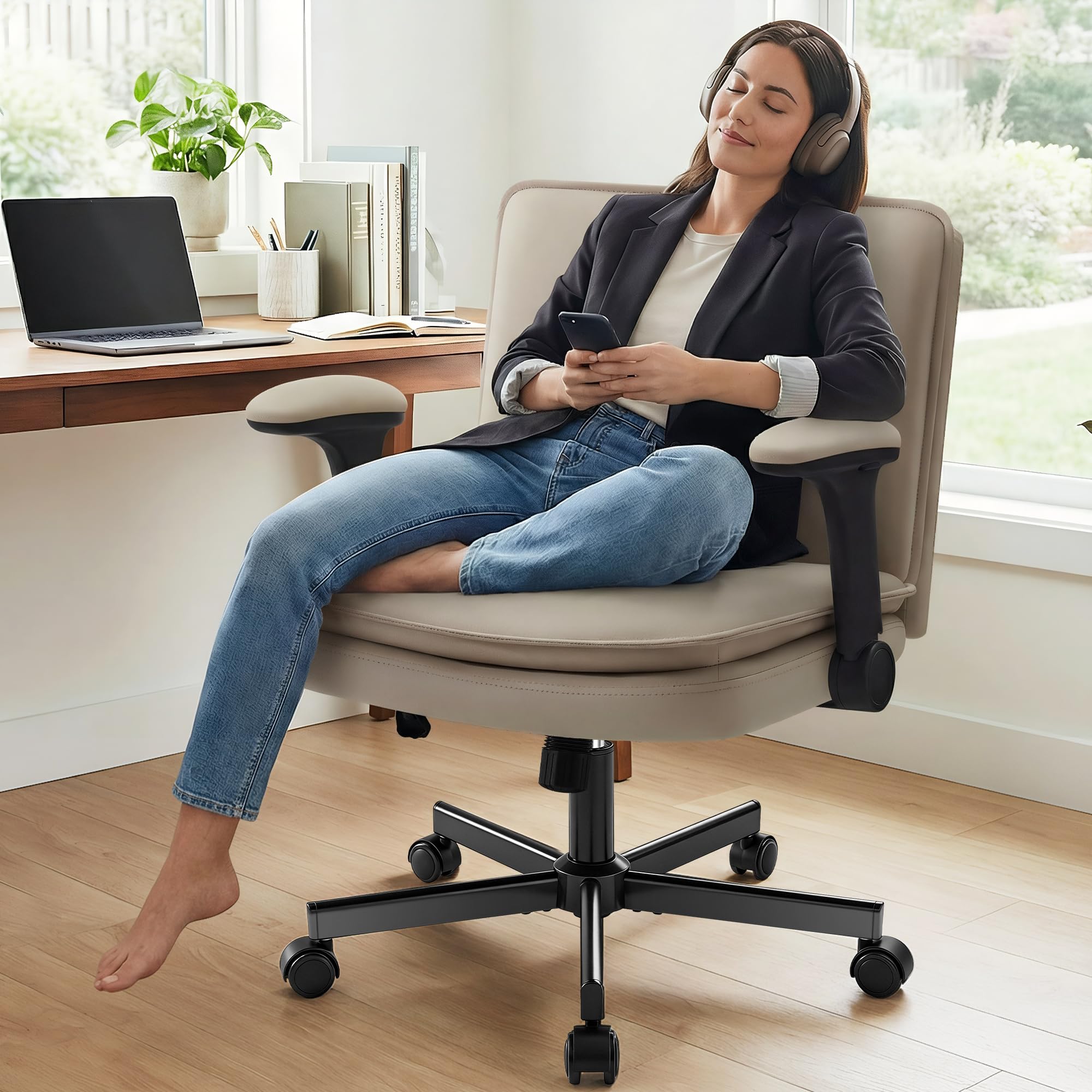 Criss Cross Office Chair with Wheels - Wide Seat Criss Cross Desk Chair with Flip-up Arms and Thick Cushion - Comfy Tilting Swivel Rolling Vanity Chair for Home Office Bedroom Apartment