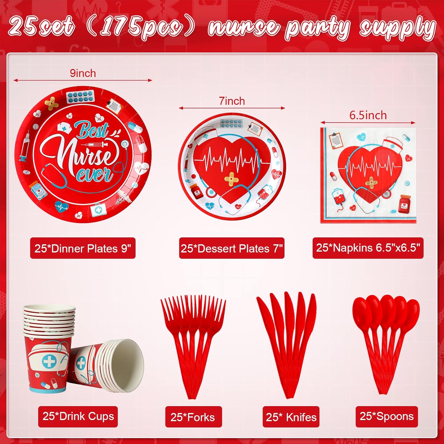 175pcs Nurse Graduation Nurses Week Plates Napkins Set,Thank You Nurse Disposable Party Supplies set, Include Plate, Napkin, Cup, Knife, Fork and Spoon for Nurses Party Decorations, Serve 25 Guest