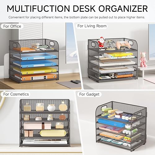 Miniatura 5 de Lavatino Organizador de archivos de escritorio de 5 bandejas, organizador de bandeja de cartas de malla con asa, organizador de archivos de