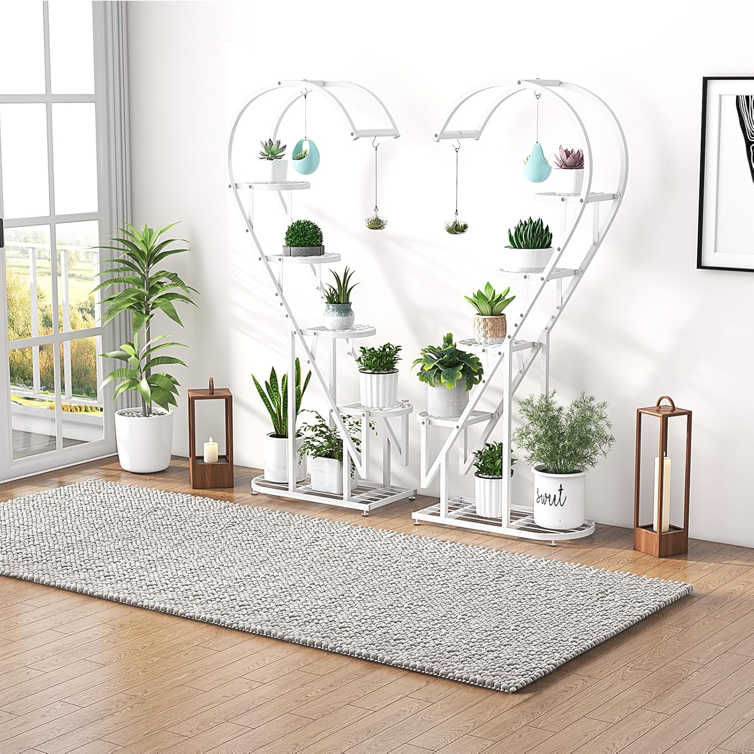 GOFLAME 6-Tier Metal Plant Stand, Heart-Shape Ladder Plant Shelves w/ 12 Boards & 6 Hanging Hooks, Metal Frame, Indoor Multiple Potted Plant Holder, Tall Flowerpot Display Rack for Home Balcony, 2 Pack, White