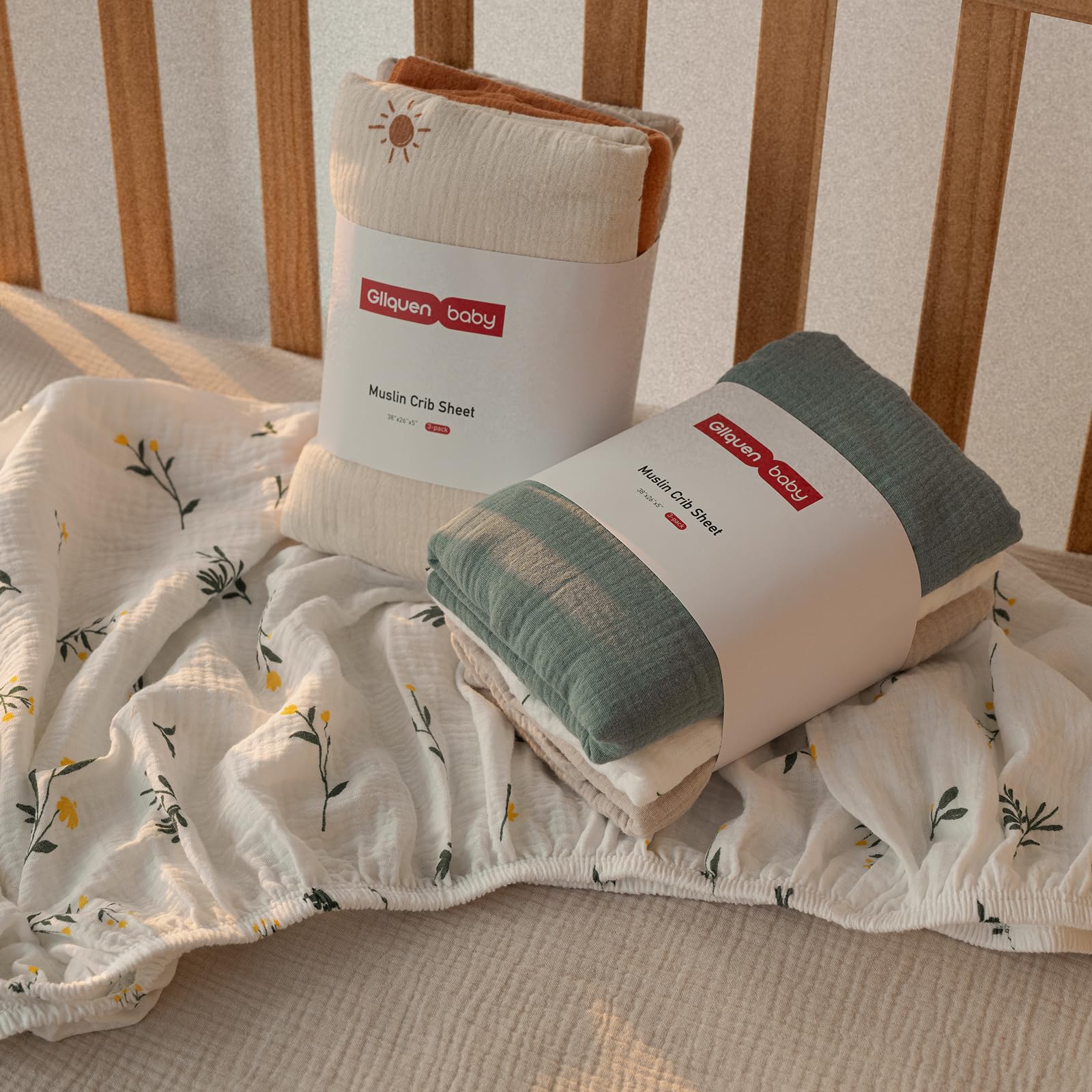Gllquen Baby Confezione da 3 lenzuola in mussola per mini culla, traspiranti, con angoli, in cotone morbido e accogliente, per neonati e ragazze, con angoli universali, 96 x 66 cm (verde)