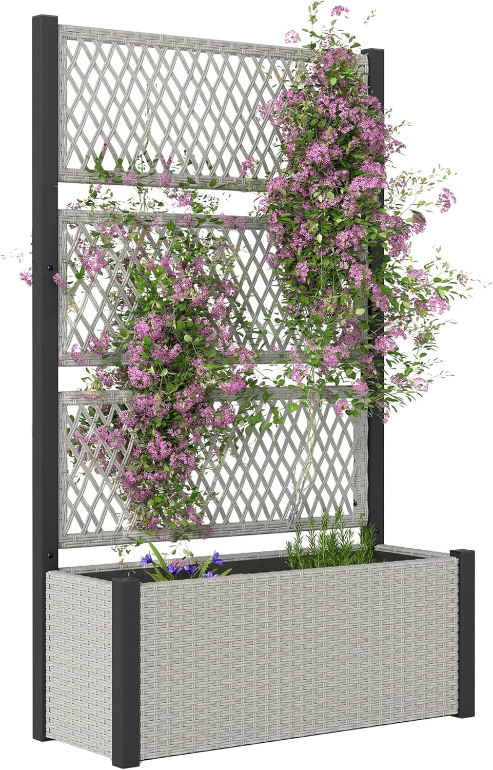 Outsunny Garden Planter Box with Trellis, Liner, Rattan Raised Bed, Trough Planter with Topped Trellis for Climbing Plants, Vegetables, Flowers, 90 x 35 x 148 cm, Mixed-grey