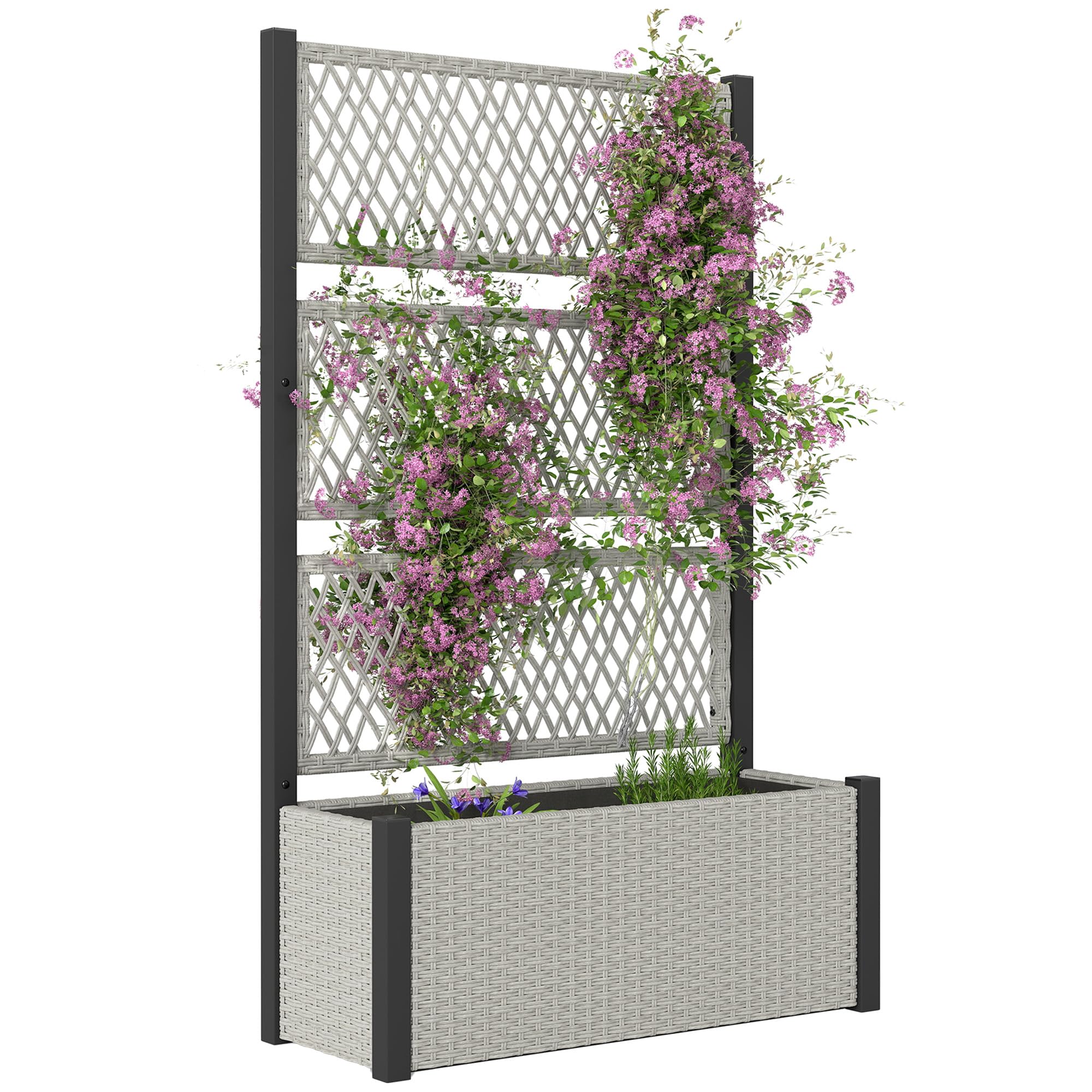 Outsunny Garden Planter Box with Trellis - Grey Rattan Raised Bed with Liner - Steel Frame