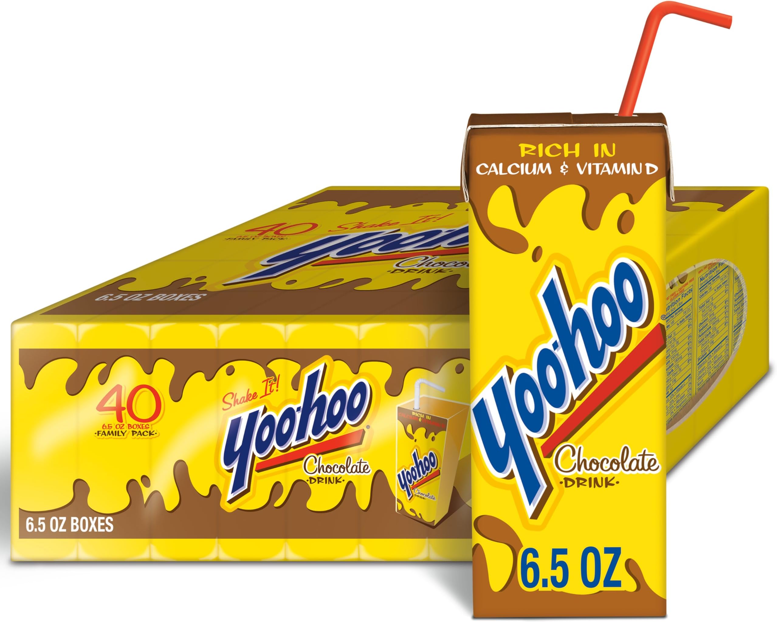 Yoo-hoo Chocolate Flavored Drink, 6.5 fl oz Boxes 40 Pack, Ready to Drink, Caffeine-Free, 99% Fat-Free, High in Calcium & Vitamin D