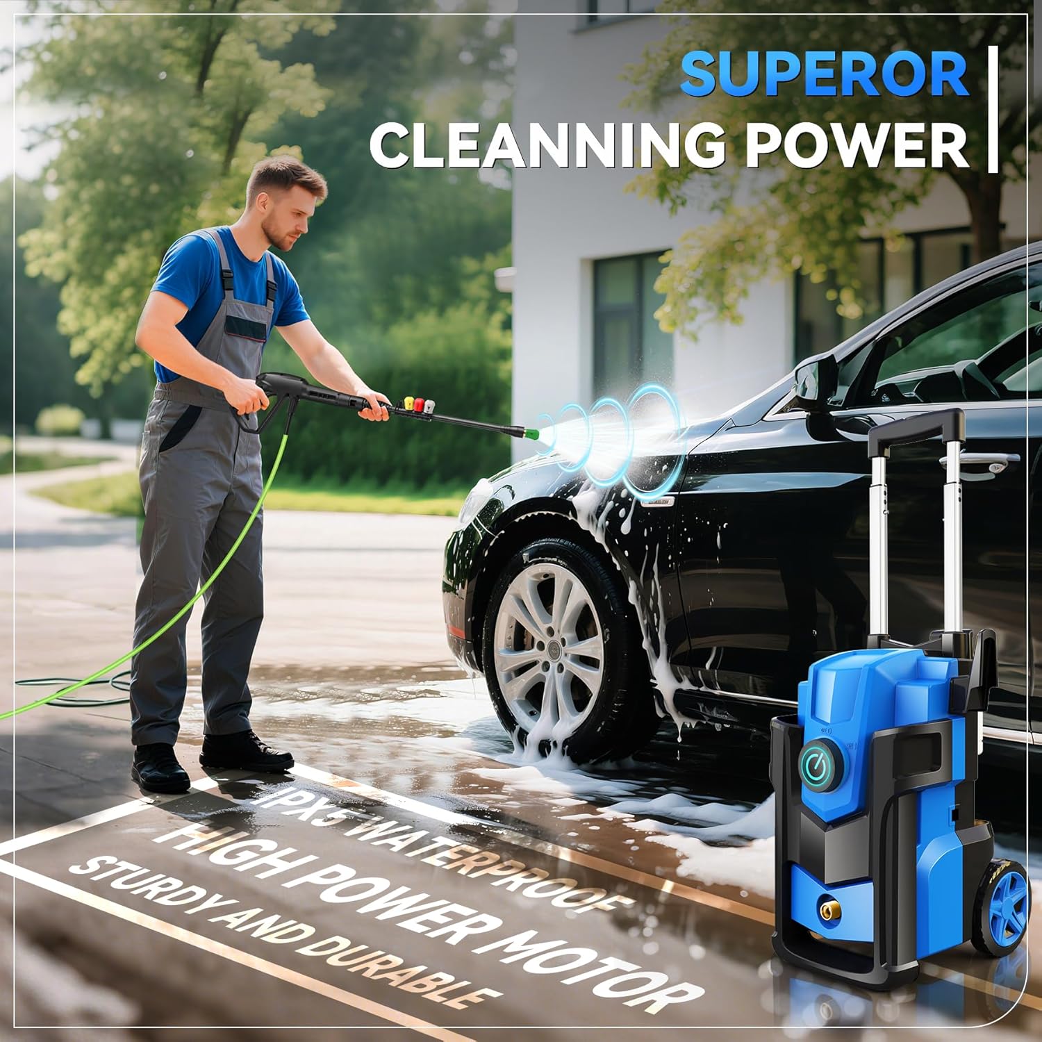 Professional Pressure Cleaner 5000 PSI,Heavy Duty Power Cleaner with 4 Nozzles,Foam Cannon,33FT Hose and 500ml Soap Bottle for Home/Cars (Blue)