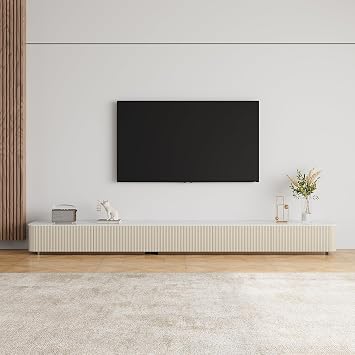 VAFON Fully-Assembled 118" TV Stand with Sintered Stone Top & Grille Drawer Panels, White TV Console with Storage, Modern Entertainment Center Long TV Cabinet for Living Room