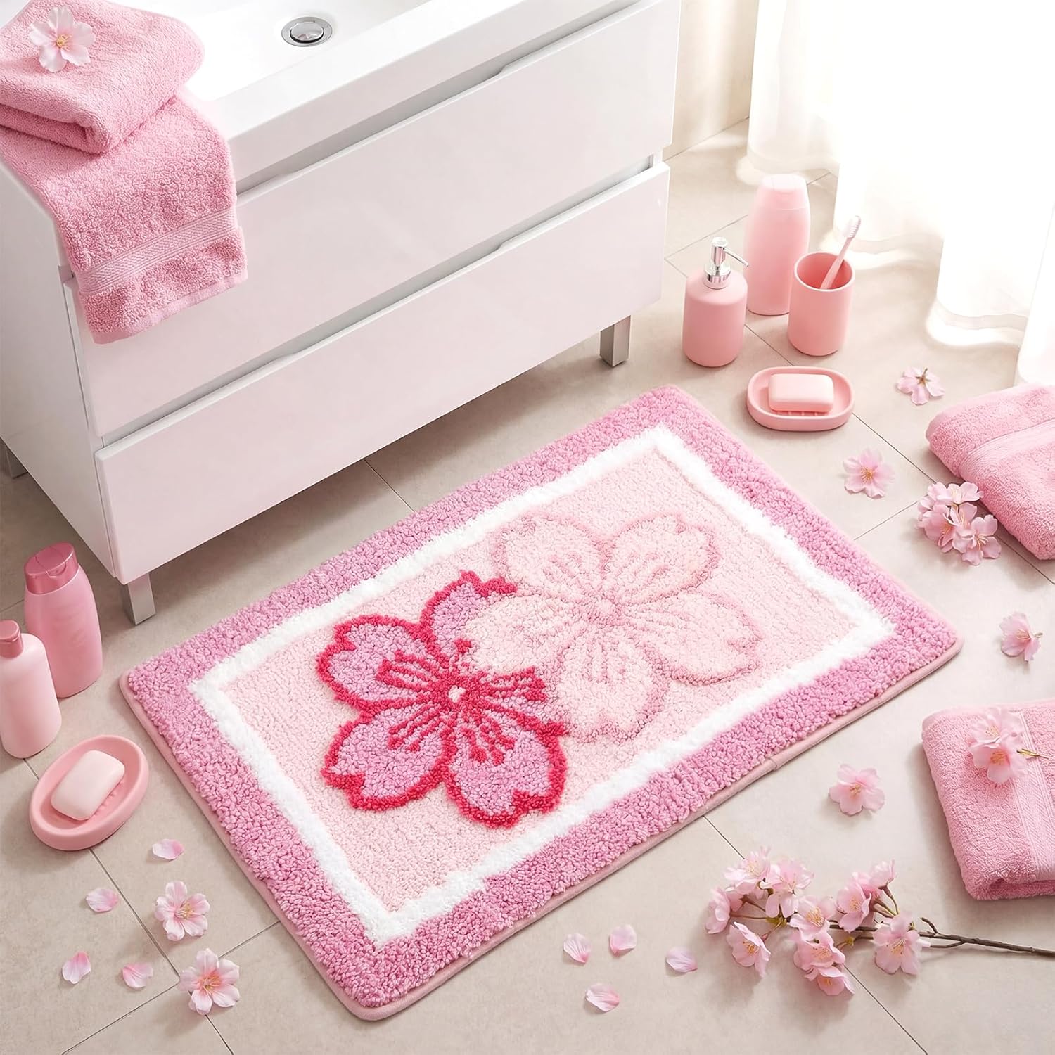 Boao Cherry Bath Mat Blossom Pink Flower Tufted Bathroom Rug Non Slip Soft Absorbent Tufted Cute Cherry Bathroom Accessories Decor for Bedroom Kitchen Floor Tub Shower Sink, 24 x 16 Inches
