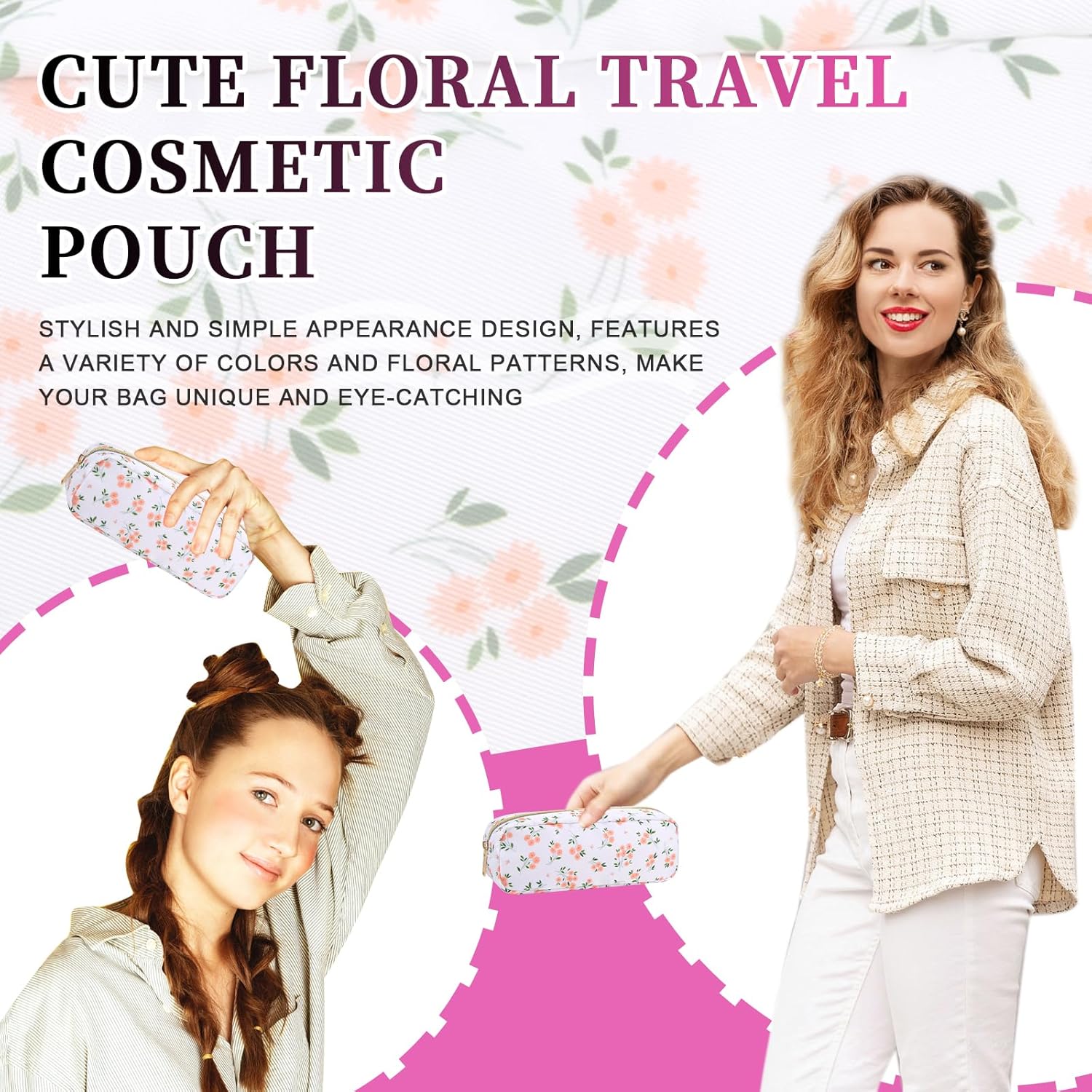 Nylon Small Makeup Bag Slim Pouch, Cute Floral Preppy Makeup Brush Bag Portable Make up Pouch with Zipper, Waterproof Travel Toiletry Bag Coin Purse Storage Organizer for Women Girls(Pink Flower) - Image 5