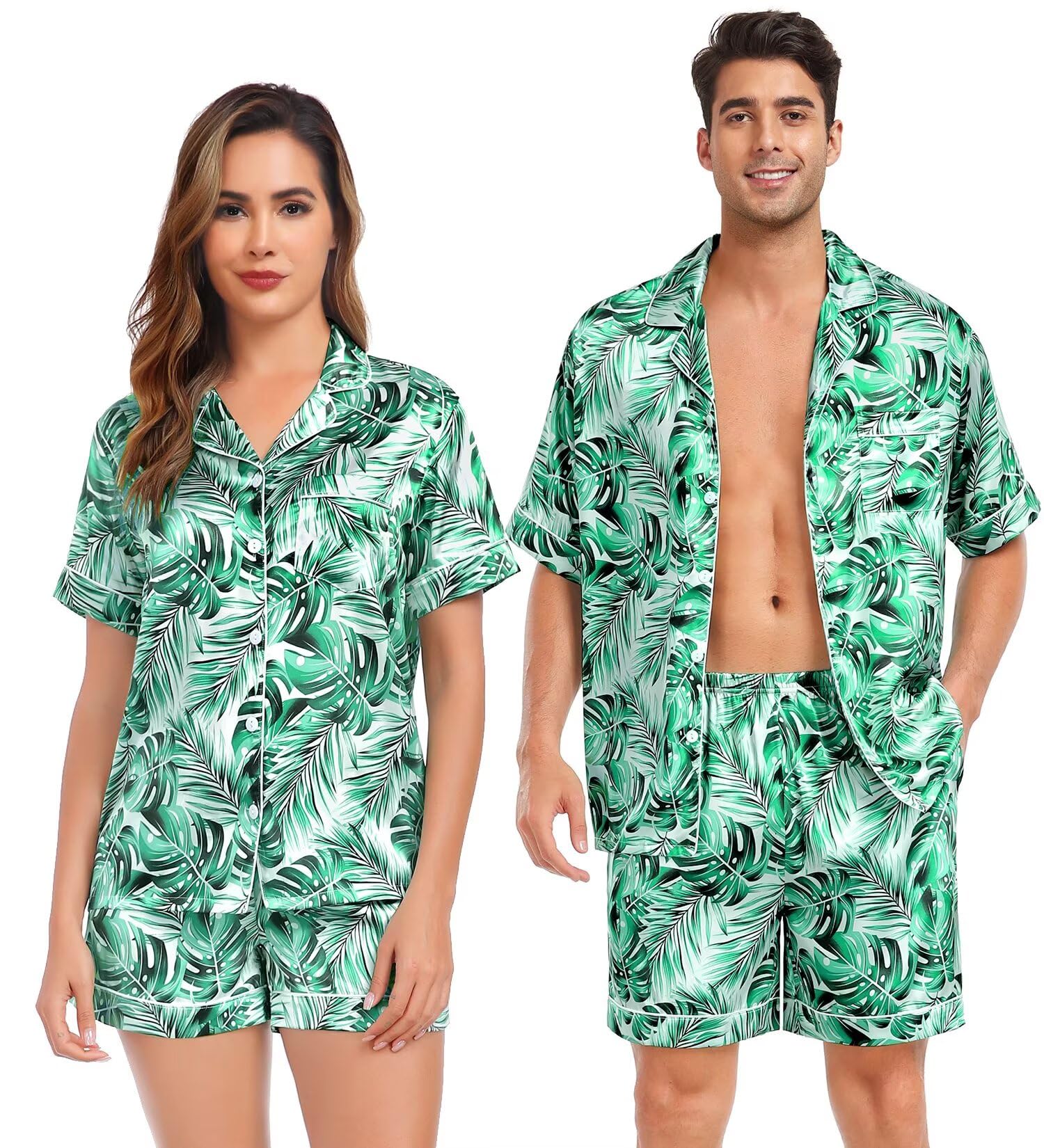 SWOMOG Satin Matching Pajamas Sets Couple Silk Button Down Nightwear Women &amp; Men Short Sleeve Sleepwear 2 Pieces Loungewear
