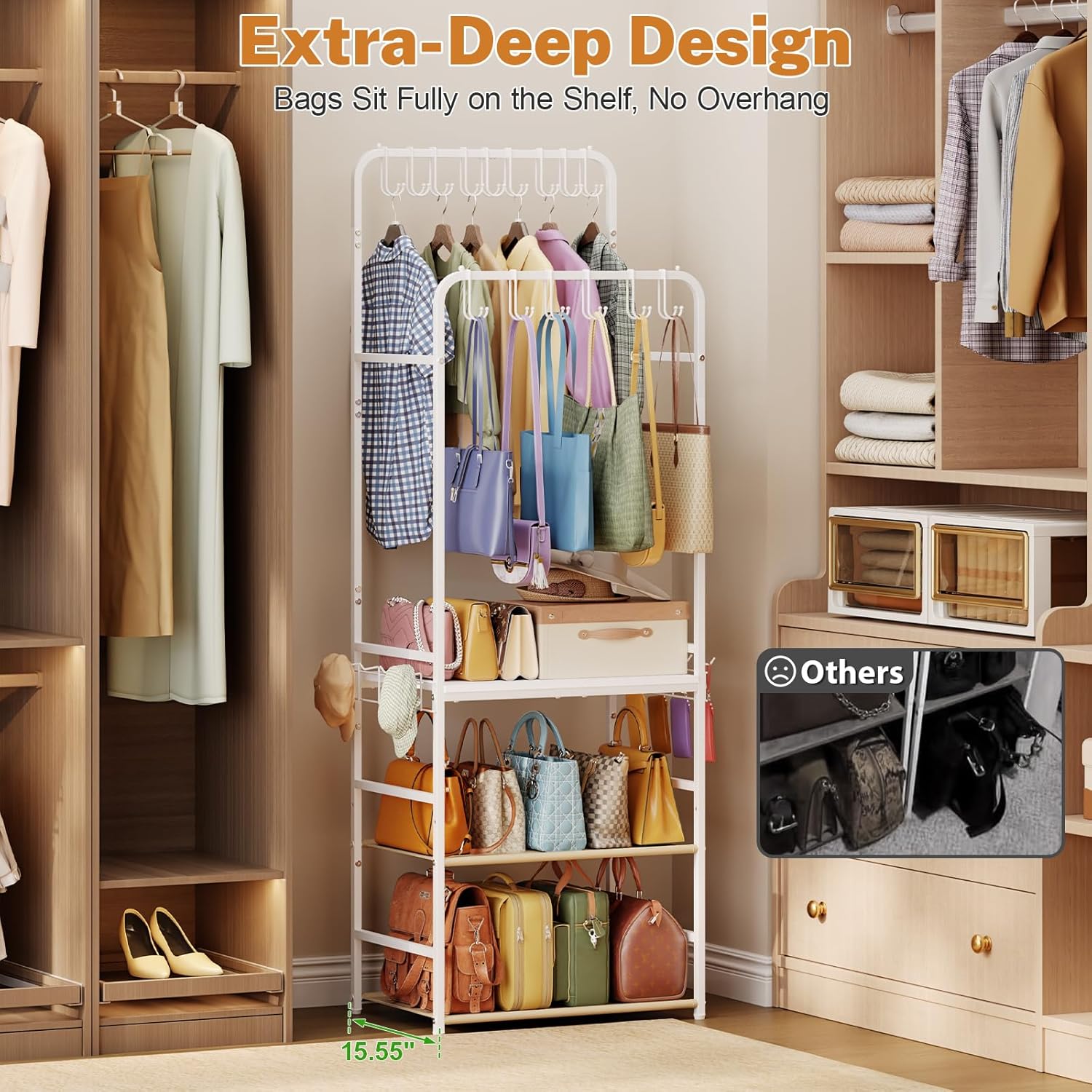 Large Tall Purse Organizer for Closet with 14 Purse Hanger, Double Rods Purse Rack Stand with 8 Side Hooks, 5-Tier Handbag Organizer Shelf, Space-Saving Purse Storage Organizer for Small Place